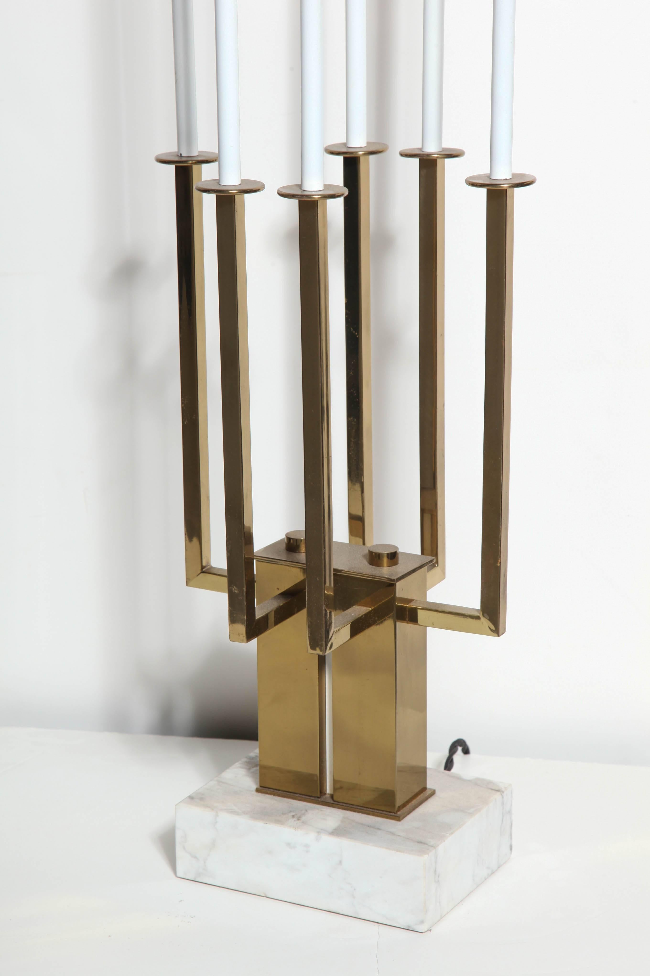 Carrara Marble Monumental Pair of Stiffel White, Marble & Brass Candelabra Table Lamps, 1940s