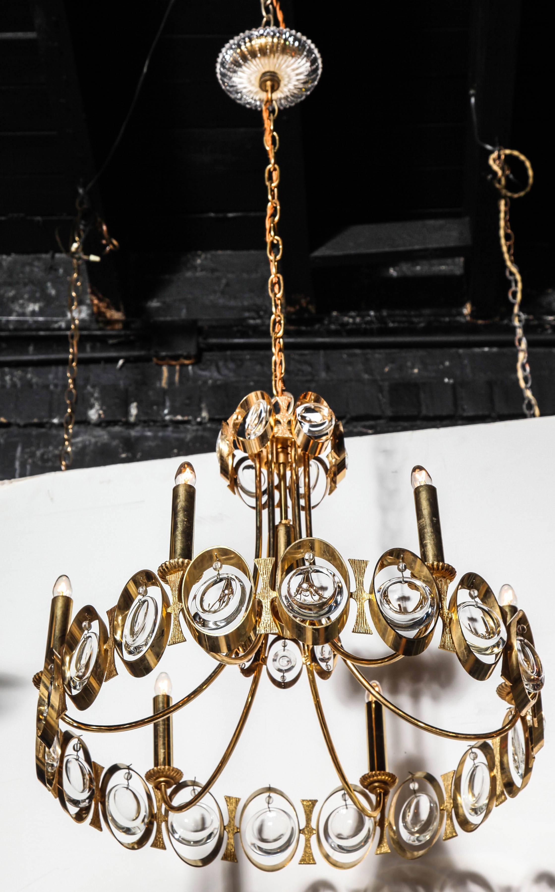 Mid-20th Century Palwa Six Candlestick Brass Hanging & Clear Crystal Hanging Pendant 