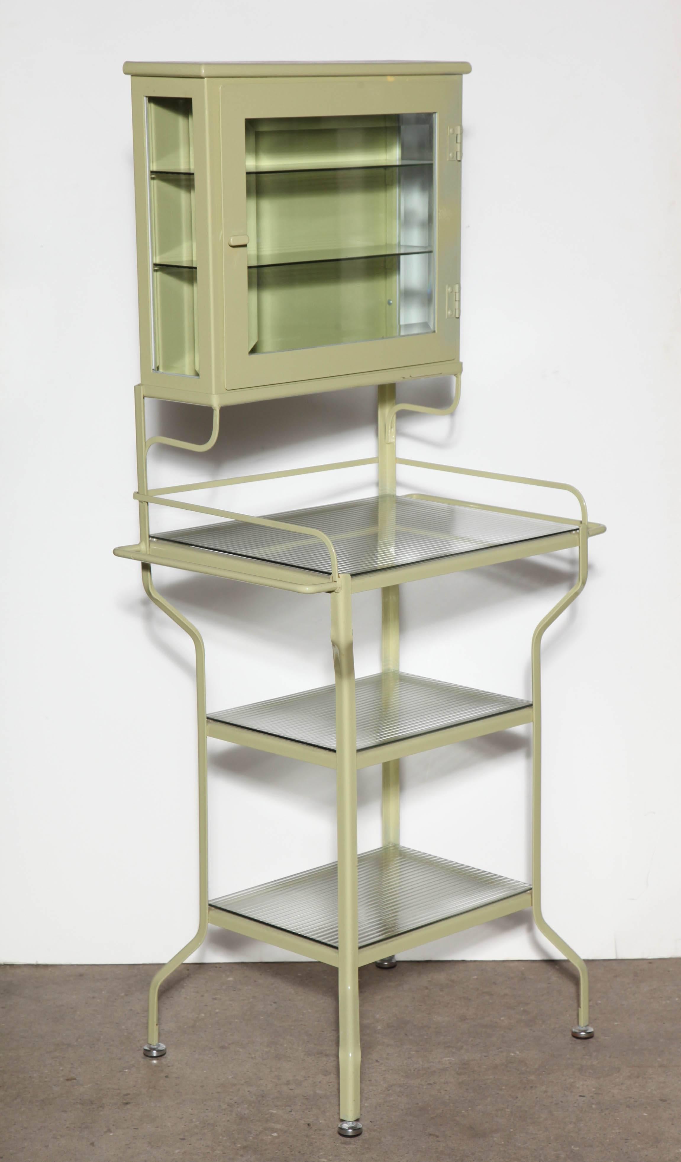 Edwardian Pale Green Enamel & Glass Storage Cabinet with Five Optical Glass Shelves, 1920s