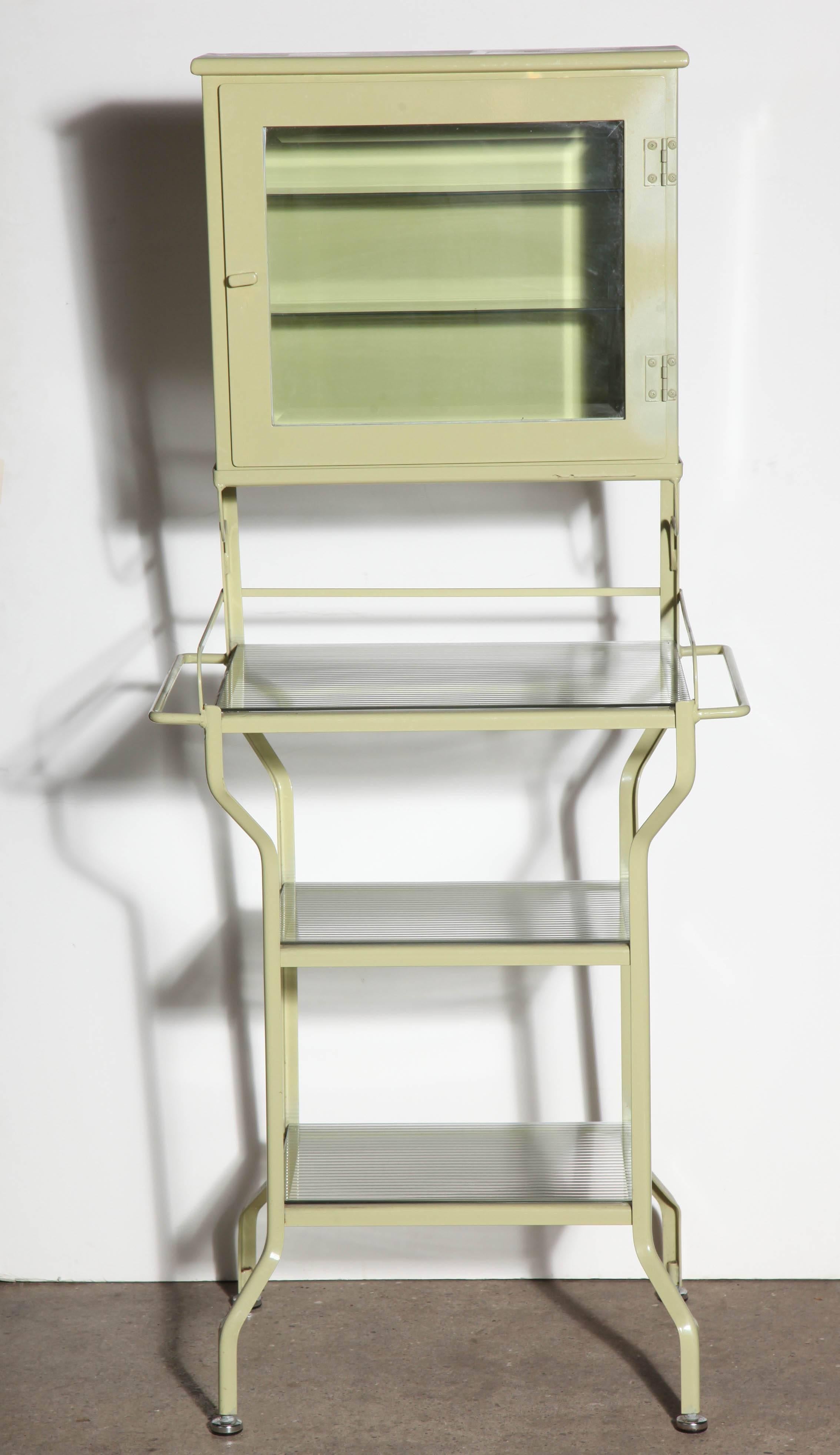 Enameled Pale Green Enamel & Glass Storage Cabinet with Five Optical Glass Shelves, 1920s