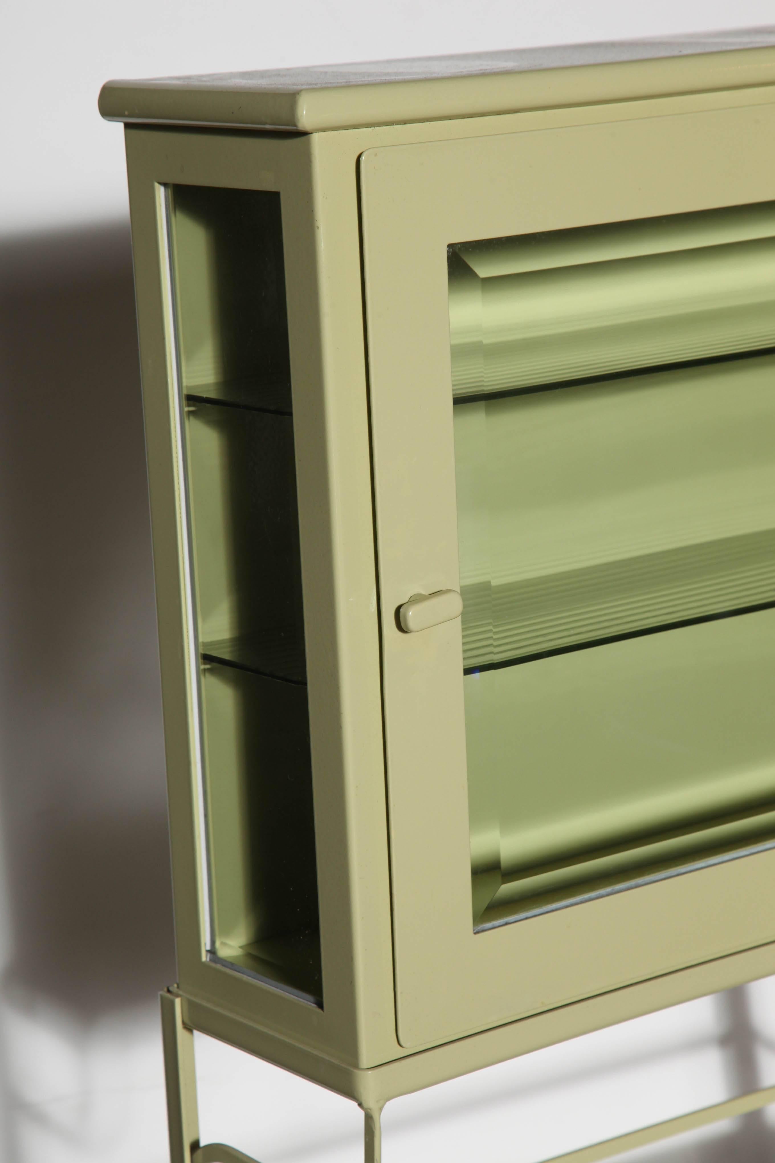 Pale Green Enamel & Glass Storage Cabinet with Five Optical Glass Shelves, 1920s 3