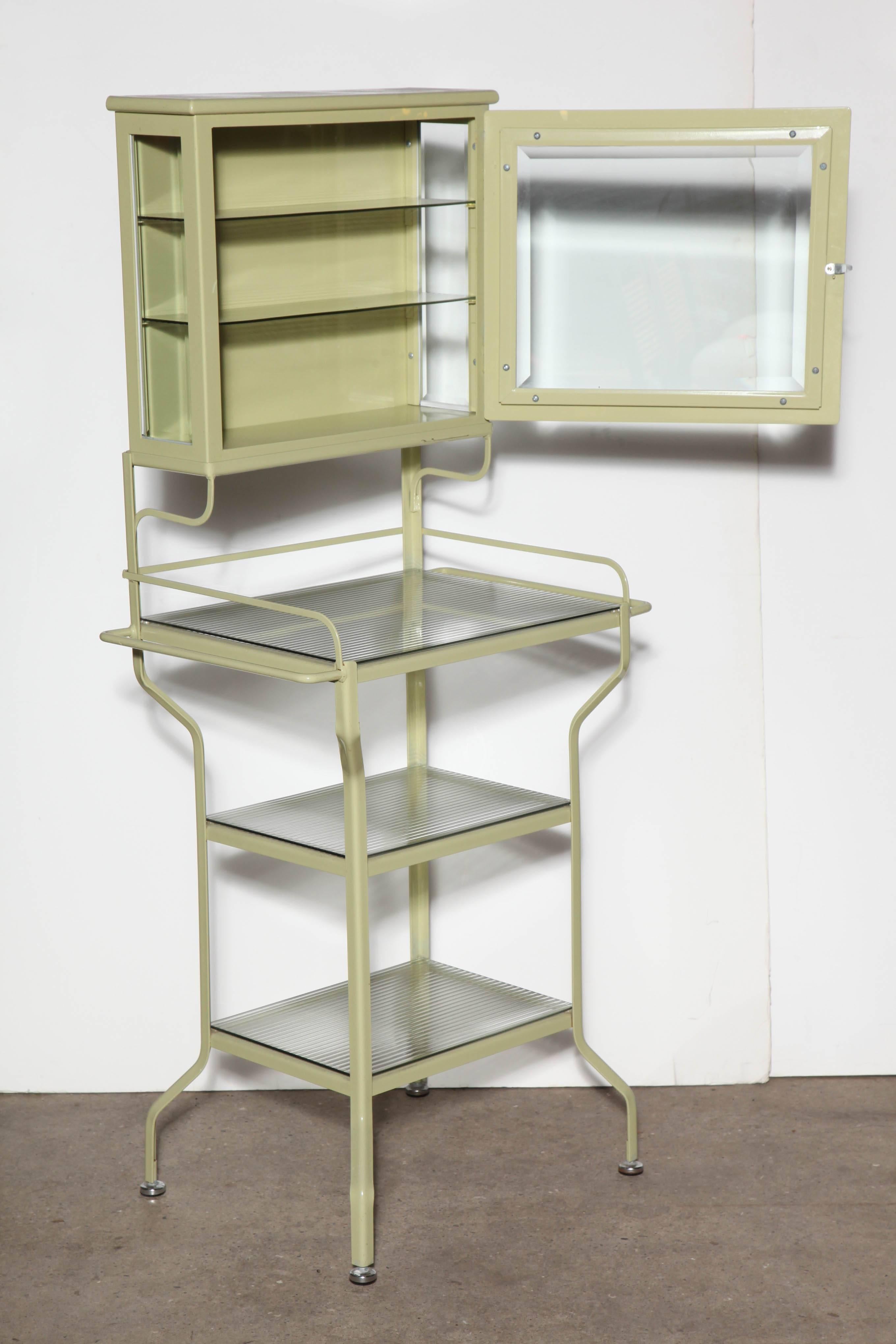 American Pale Green Enamel & Glass Storage Cabinet with Five Optical Glass Shelves, 1920s