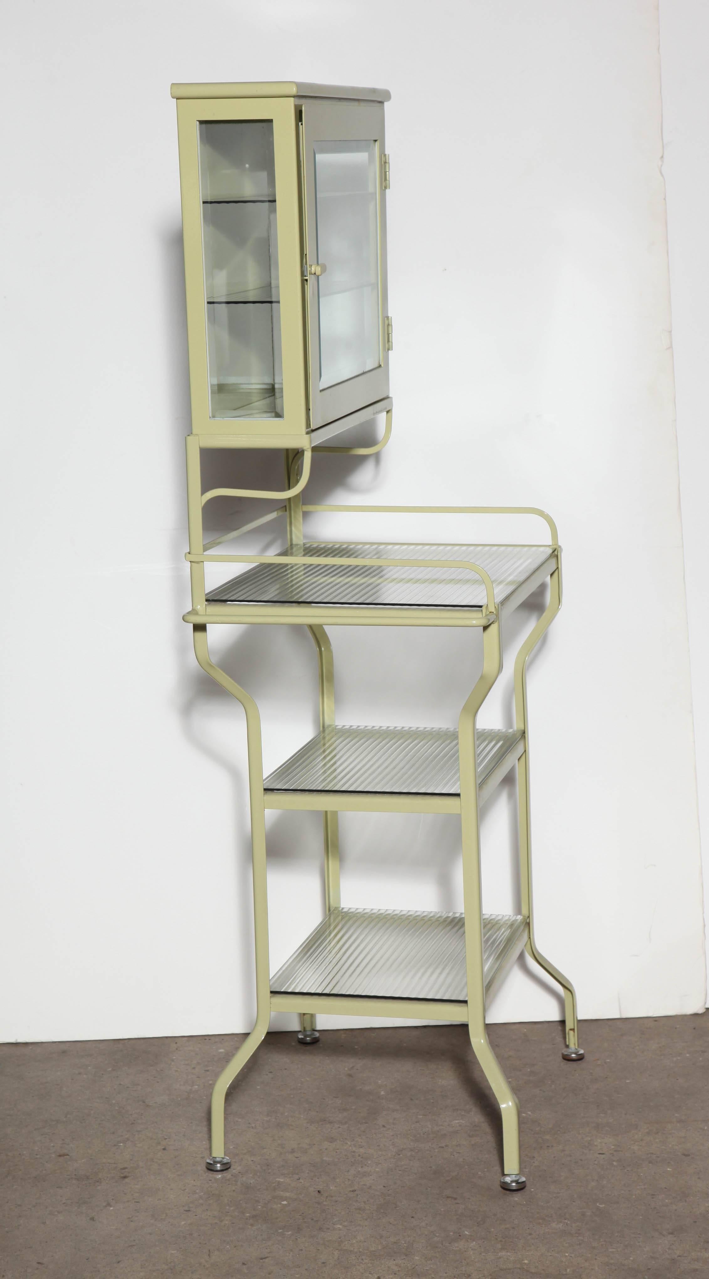 Pale Green Enamel & Glass Storage Cabinet with Five Optical Glass Shelves, 1920s 5
