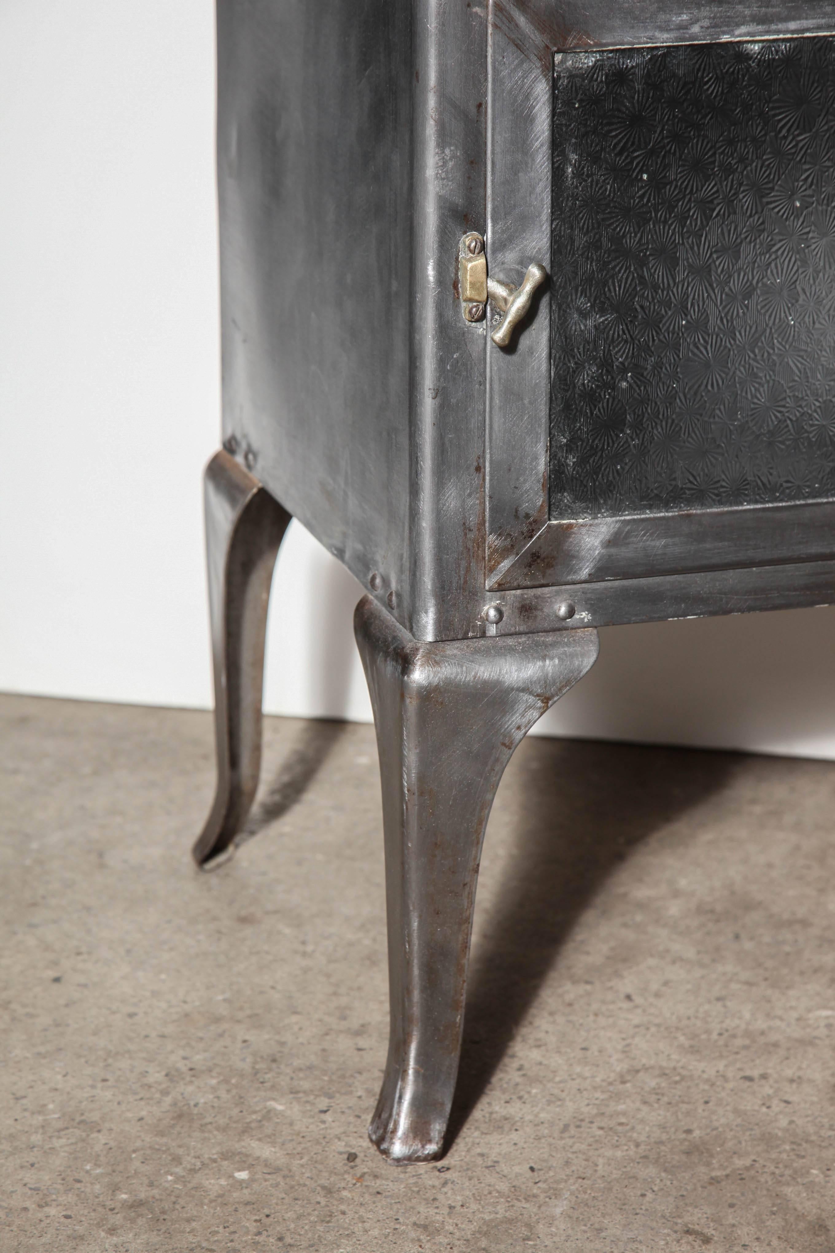 early 20th century lower rectangular Medical Cabinet. Featuring a White enamel Top, single top Drawer, original patterned Glass cabinet door and interior Steel Shelf.  Detailed with Brass fittings. On Cabriolet legs.  Great storage cabinet, also