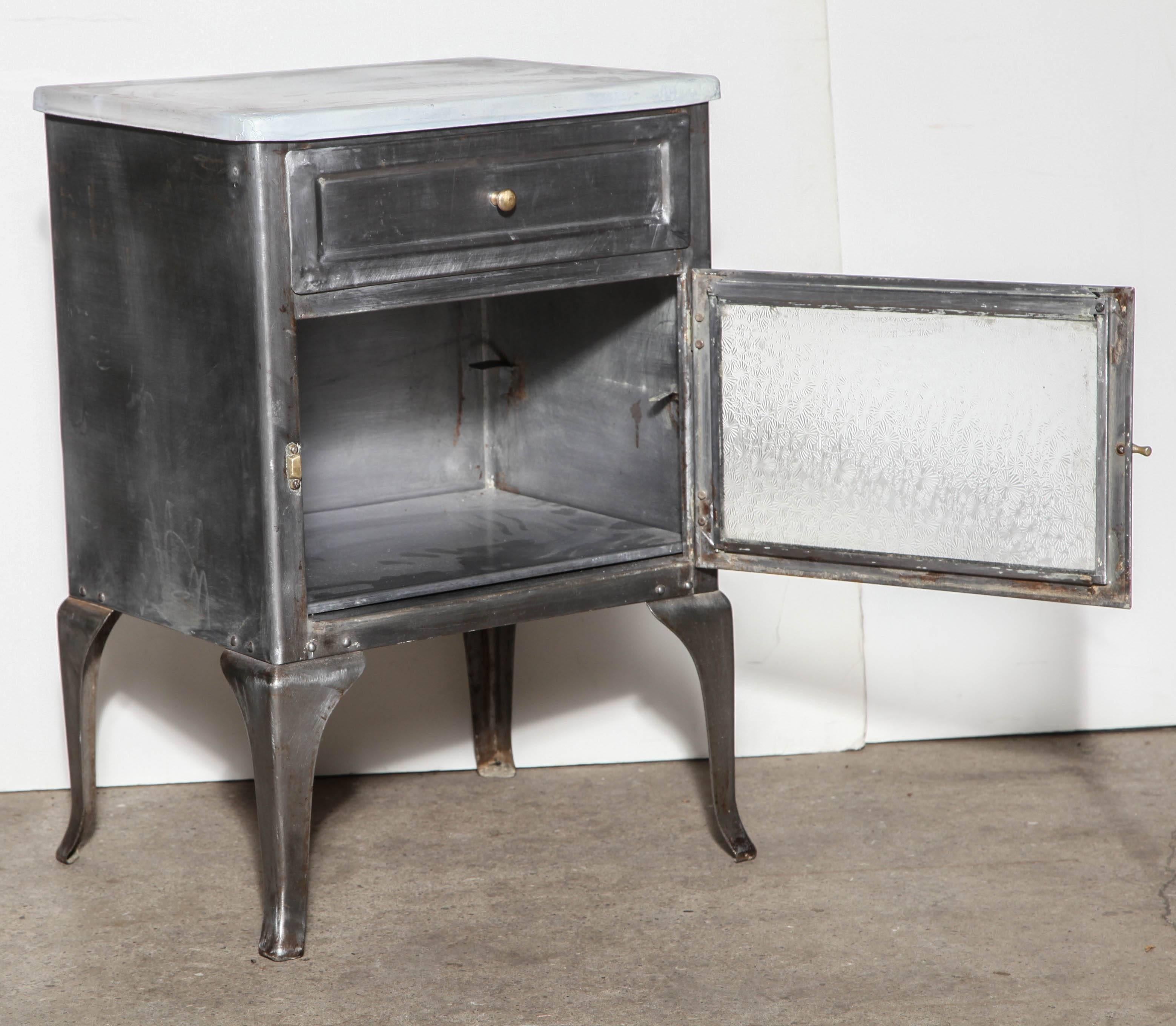 Enameled circa 1915 low Steel & Patterned Glass Edwardian Doctors Cabinet