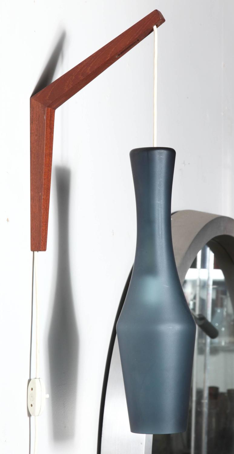 1960 s Danish Modern Teak Wall Sconce with Steel Blue Glass Shade For Sale at 1stdibs