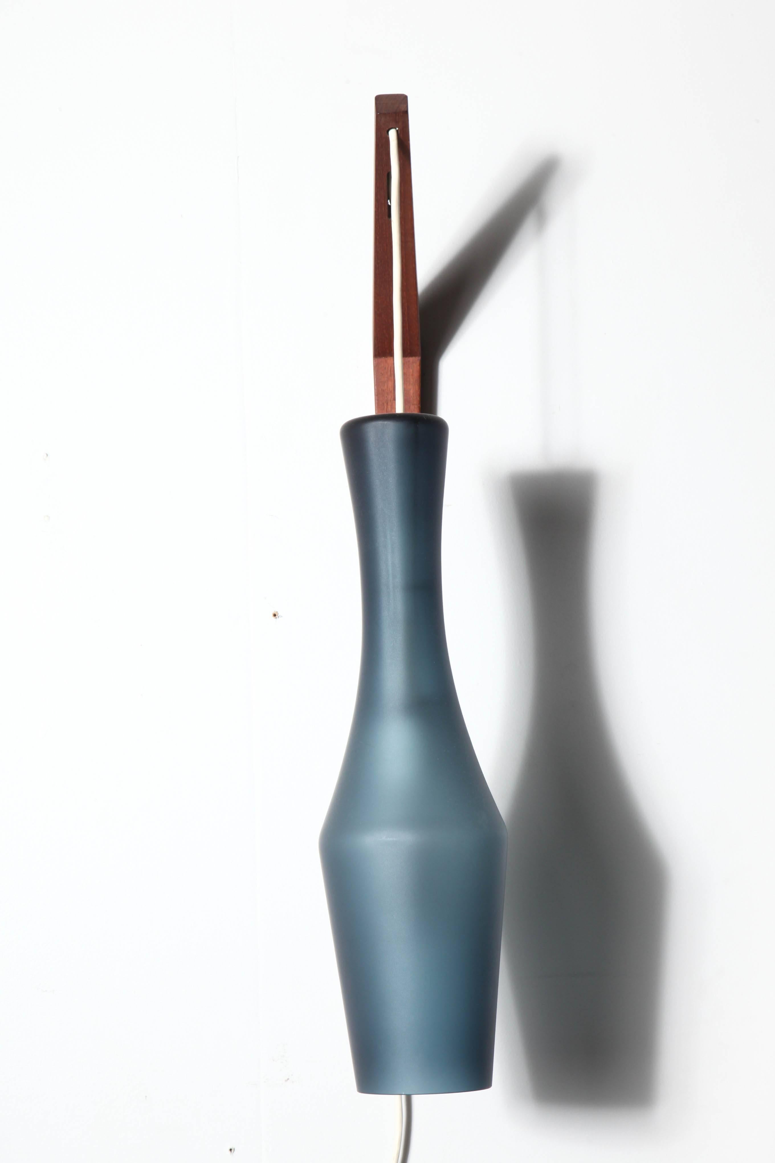 Scandinavian Modern Danish Modern Teak Wall Sconce with Blue Opaline Glass Shade, Circa 1960   For Sale