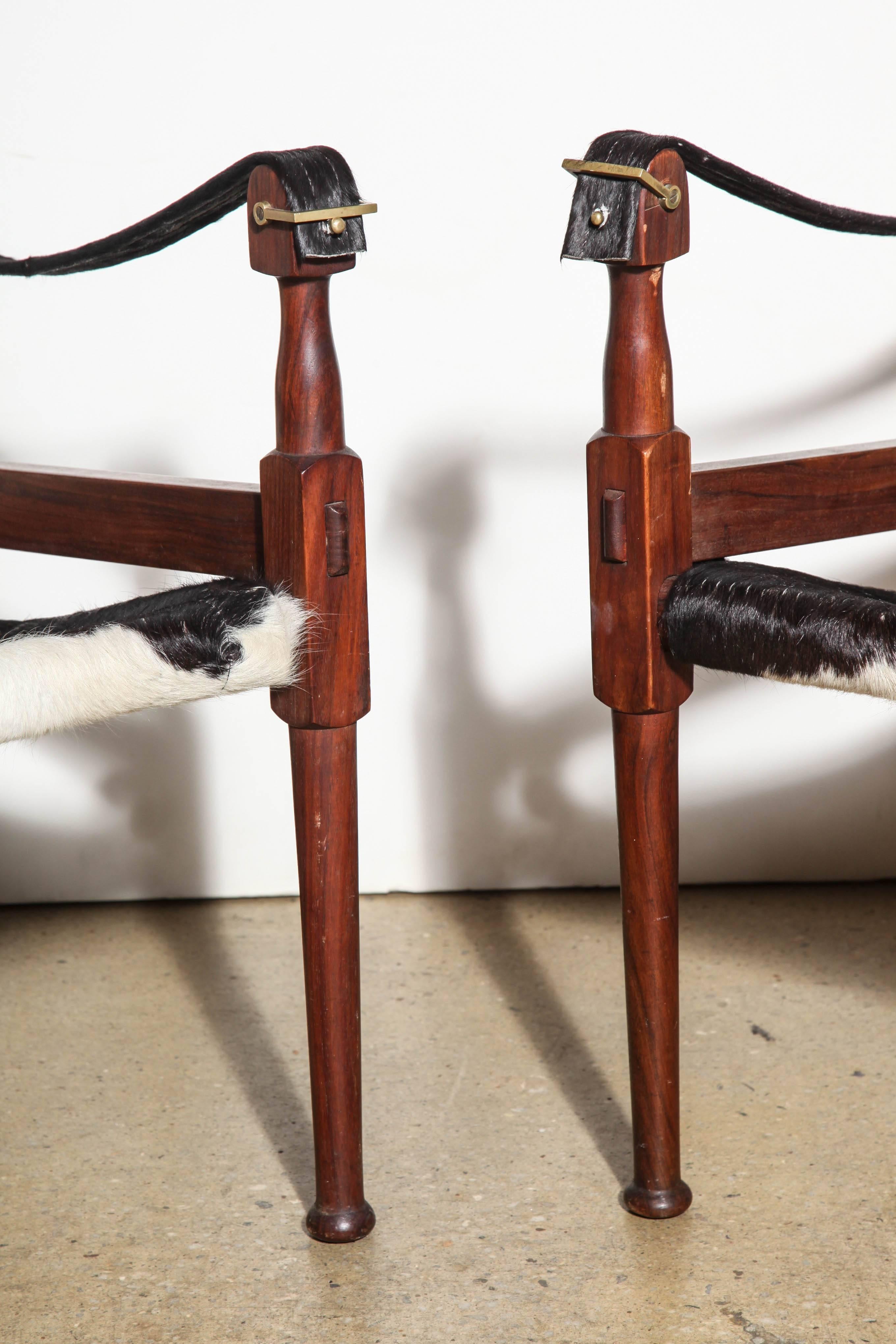 Modern Pair of M. Hayat Bros. Rosewood Safari Chairs with Black and White Horse Hide