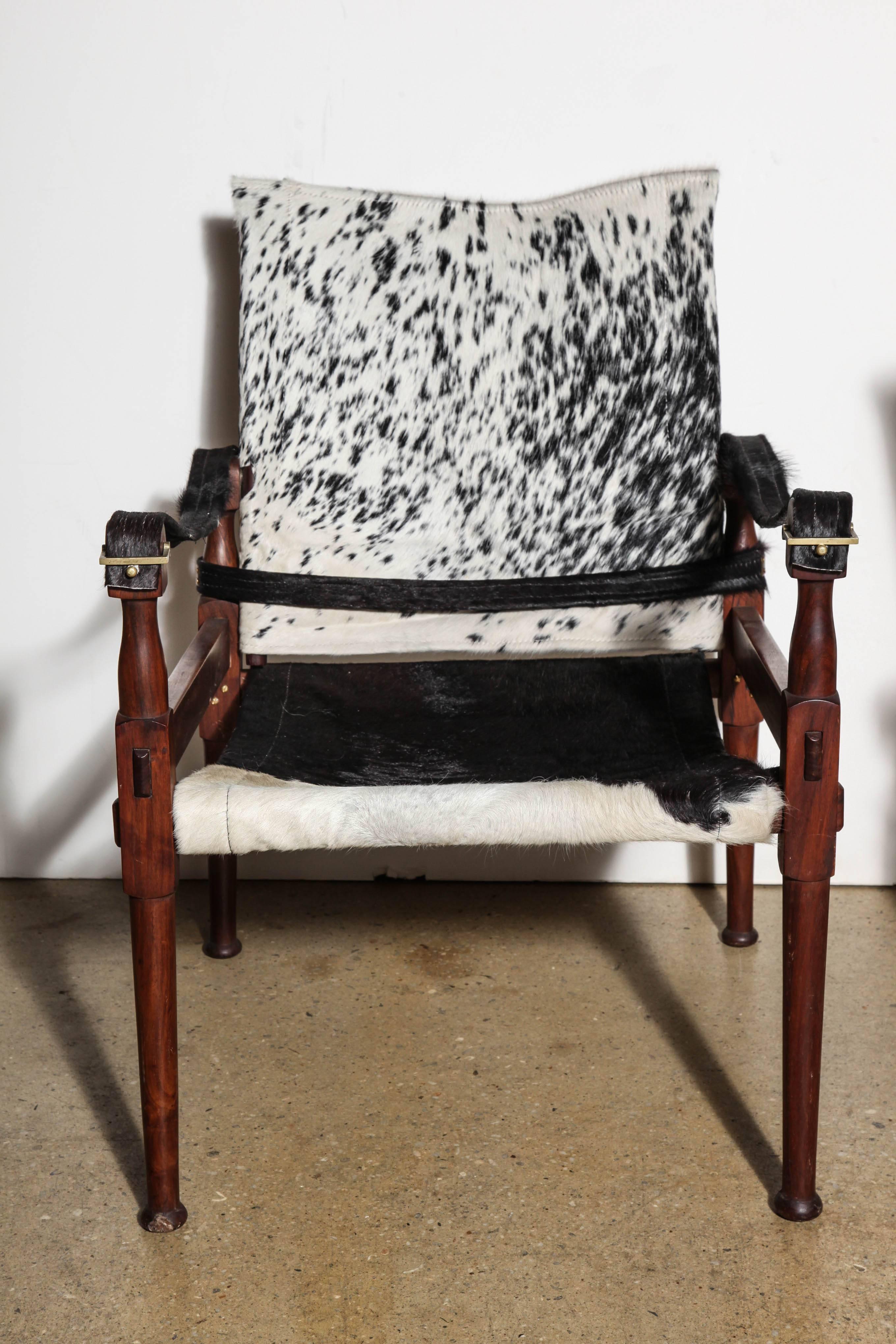 Pair of M. Hayat Bros. Rosewood Safari Chairs with Black and White Horse Hide In Good Condition In Bainbridge, NY