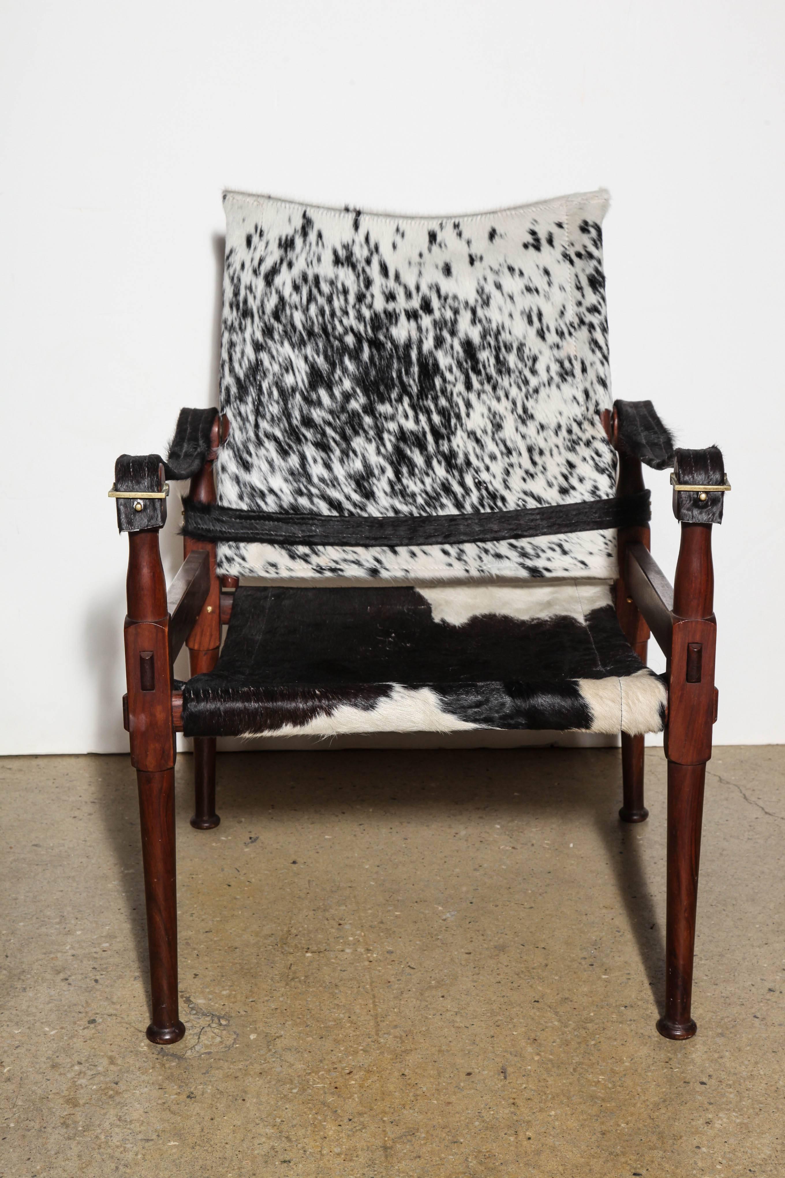 Late 20th Century Pair of M. Hayat Bros. Rosewood Safari Chairs with Black and White Horse Hide