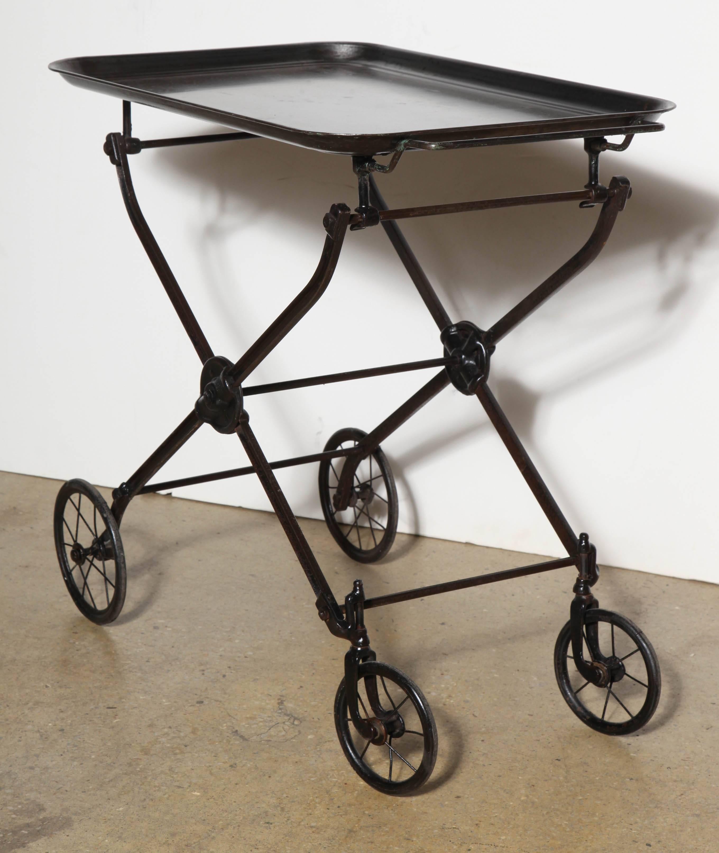 Edwardian Circa 1890s Rolling Black Iron Hotel Tea Cart, Beverage Cart, Serving Cart