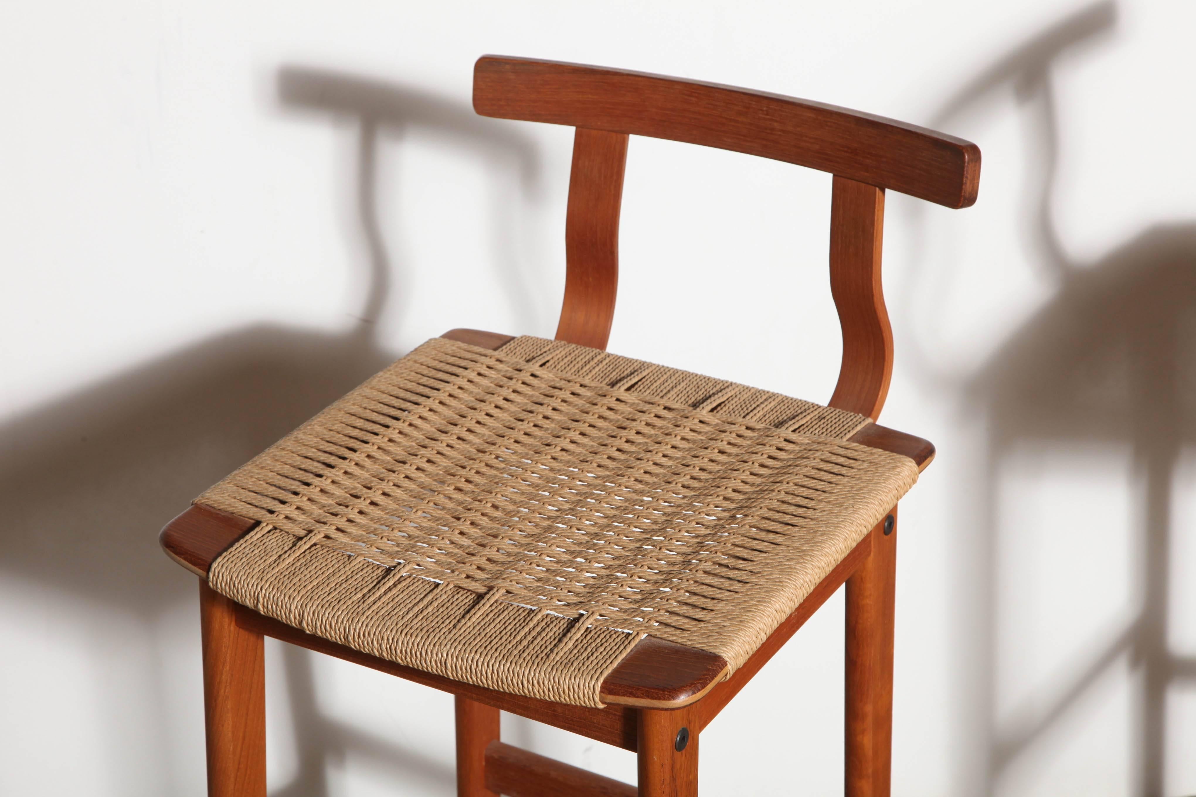 Pair of 1960s Danish Modern Teak and Woven Cord Bar Stools 2