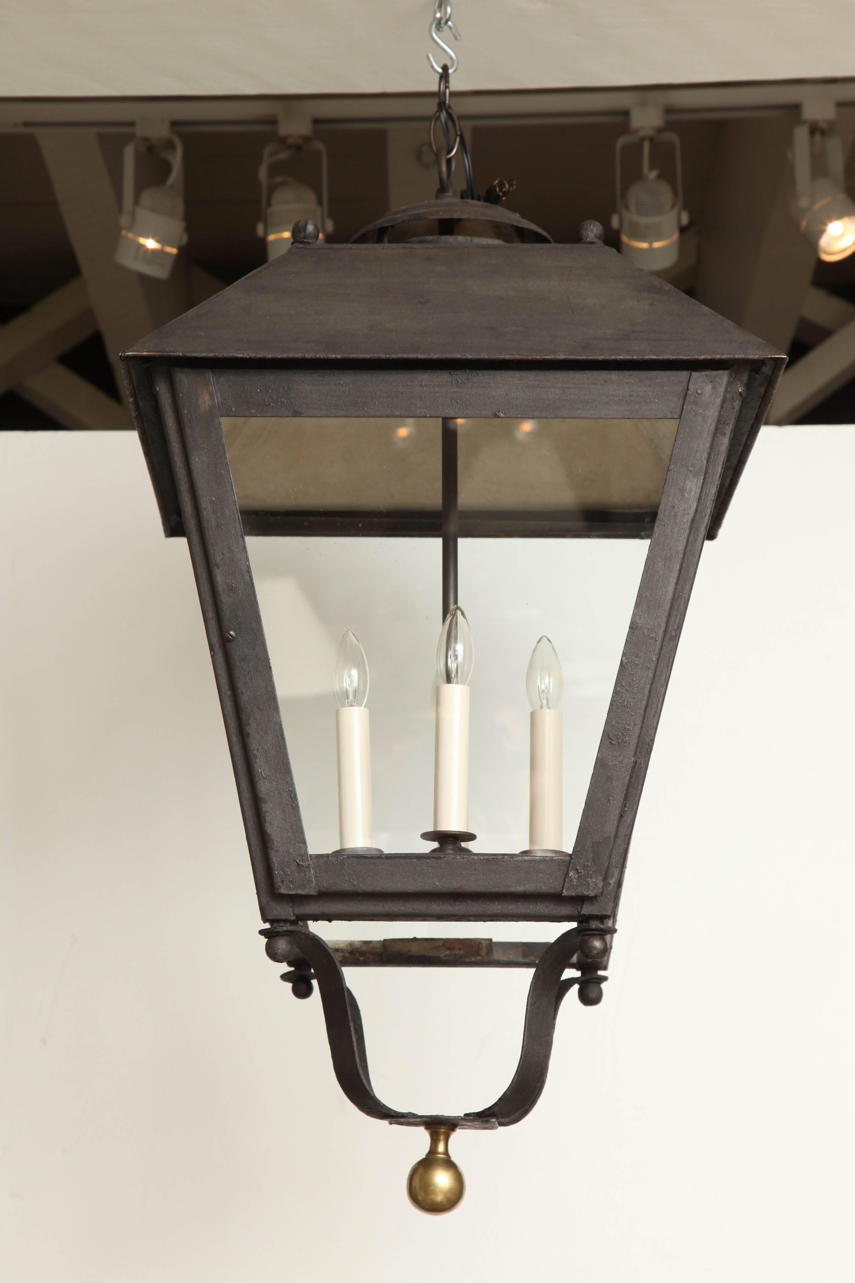 French Large Black Iron and Glass Square Lantern, France, 19th Century