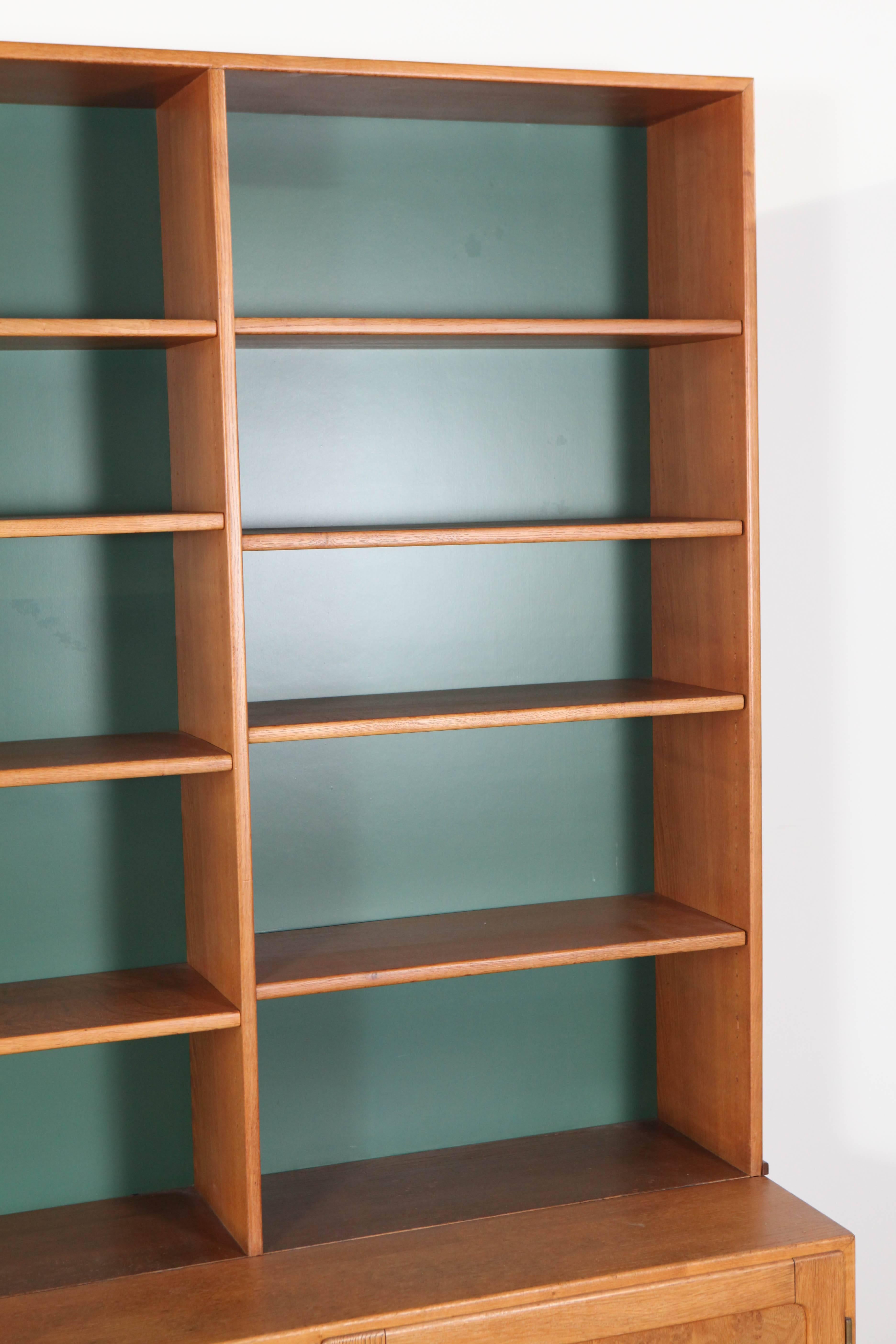 Danish Oak and Green Cabinet and Bookshelf with Six Lateral Drawers