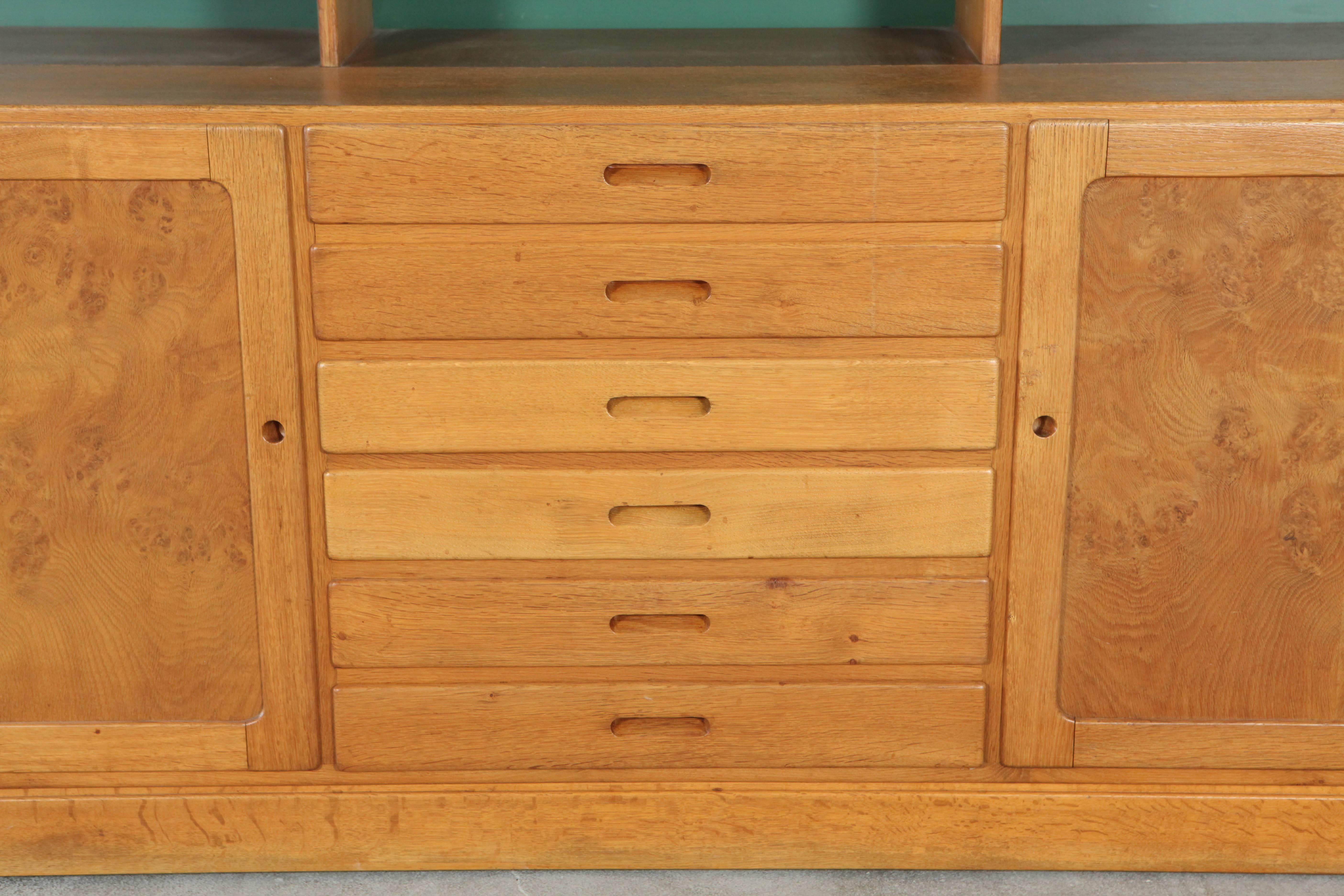 Mid-20th Century Oak and Green Cabinet and Bookshelf with Six Lateral Drawers