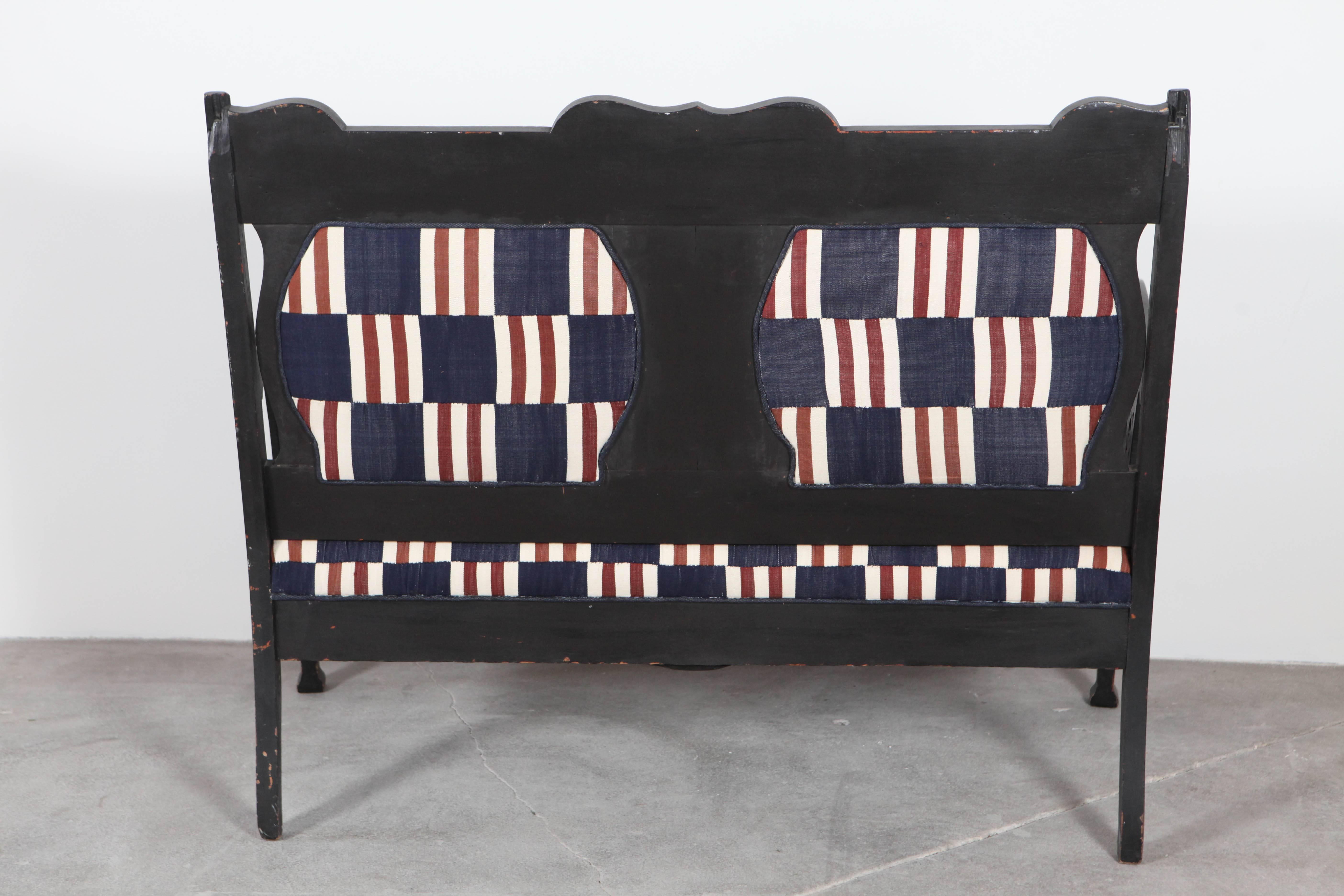 Edwardian Salon Large Settee Upholstered in Vintage African Fabric 1