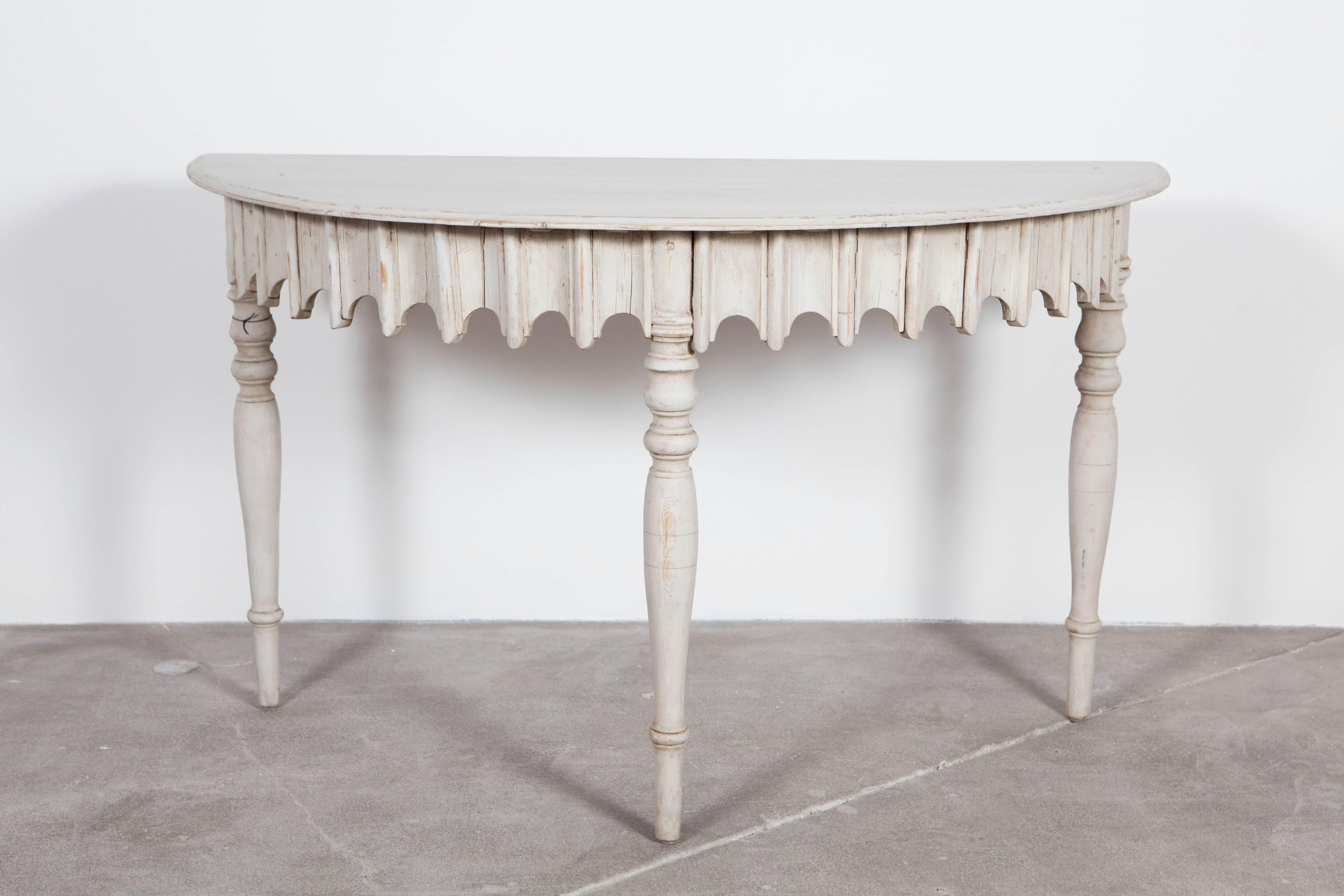 White washed charming demilune table. (Two Available).