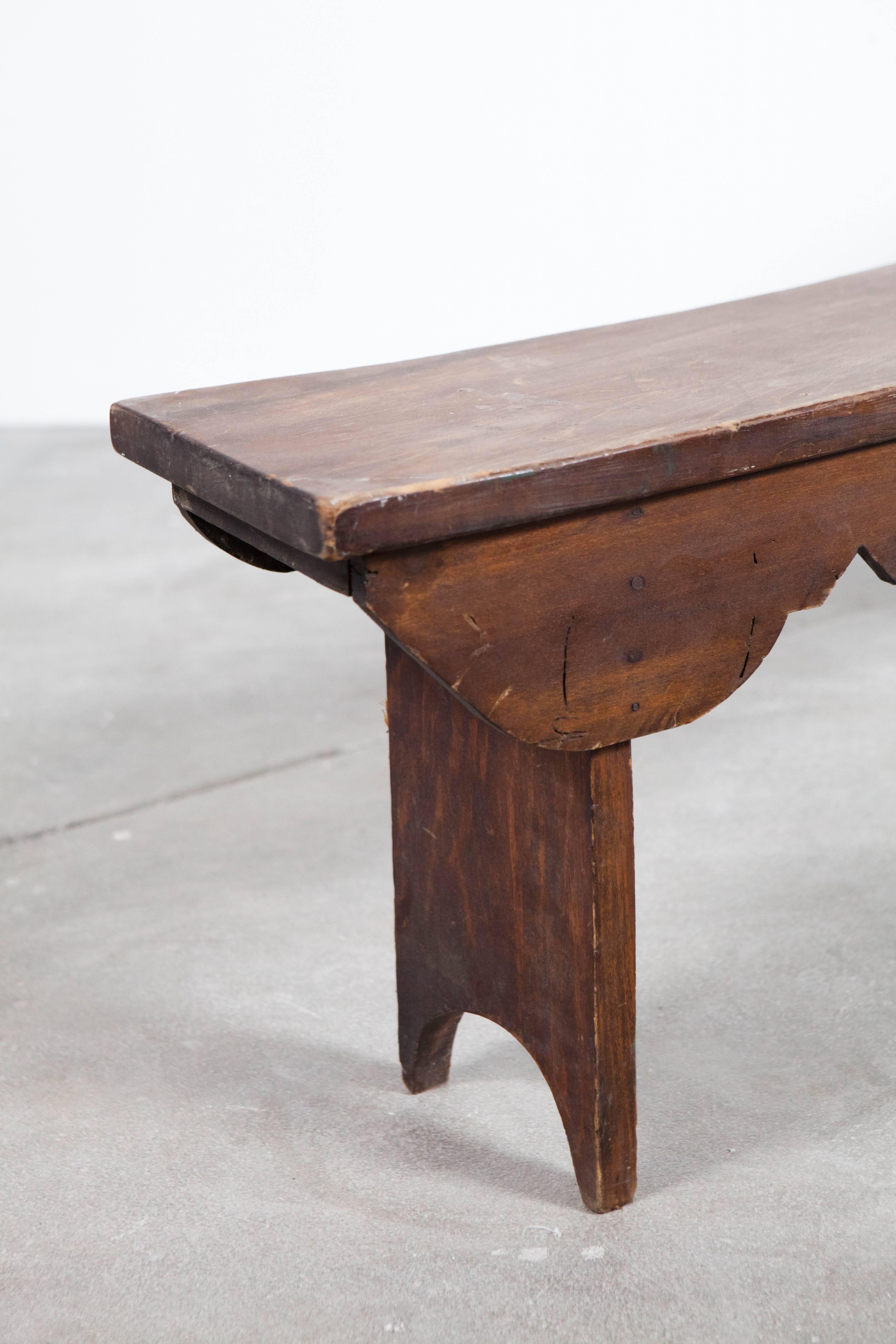 Mid-20th Century Curved Wooden Bench with Carved Decorative Apron
