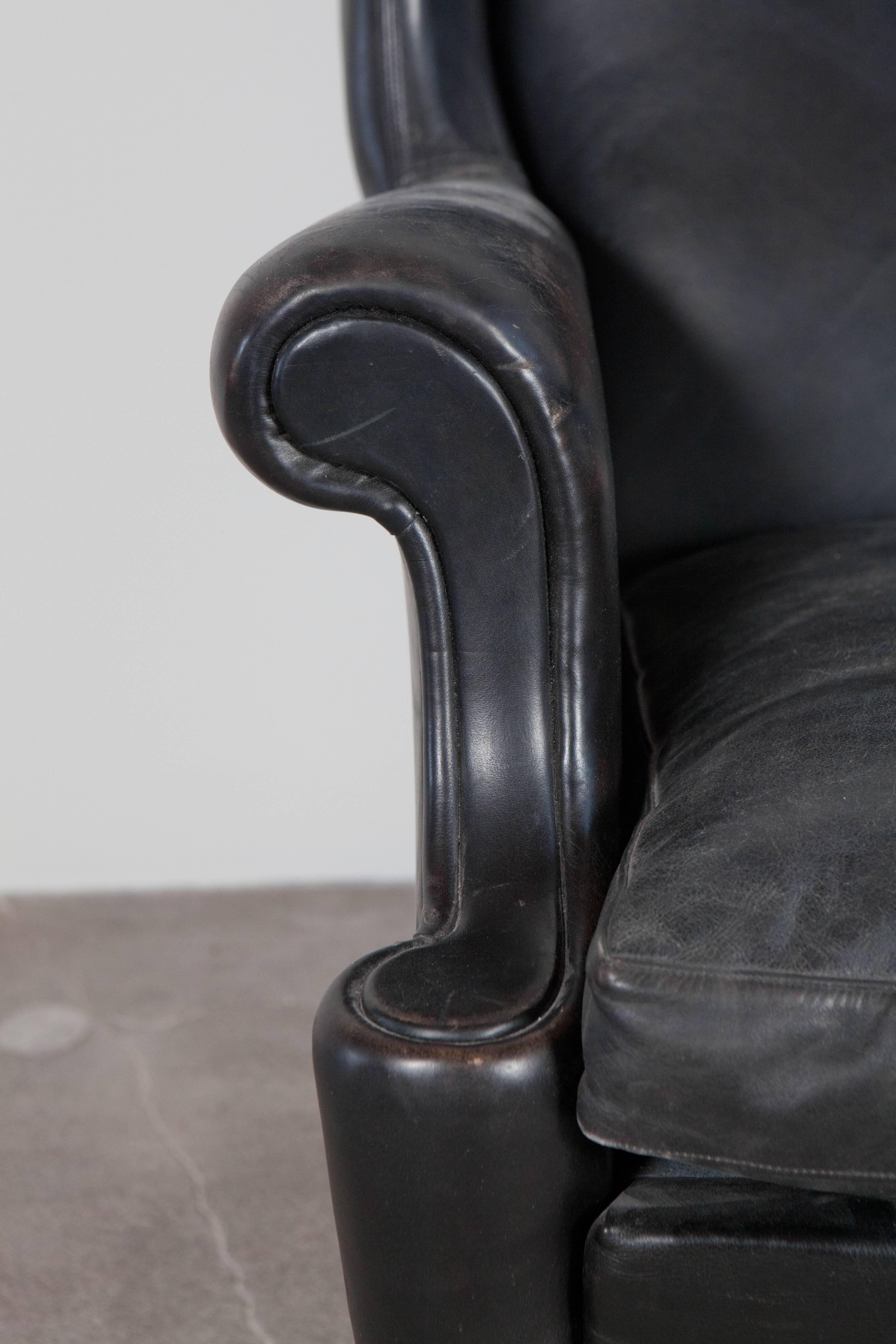 Italian Black Leather Curved Arm Wing Back Club Chair