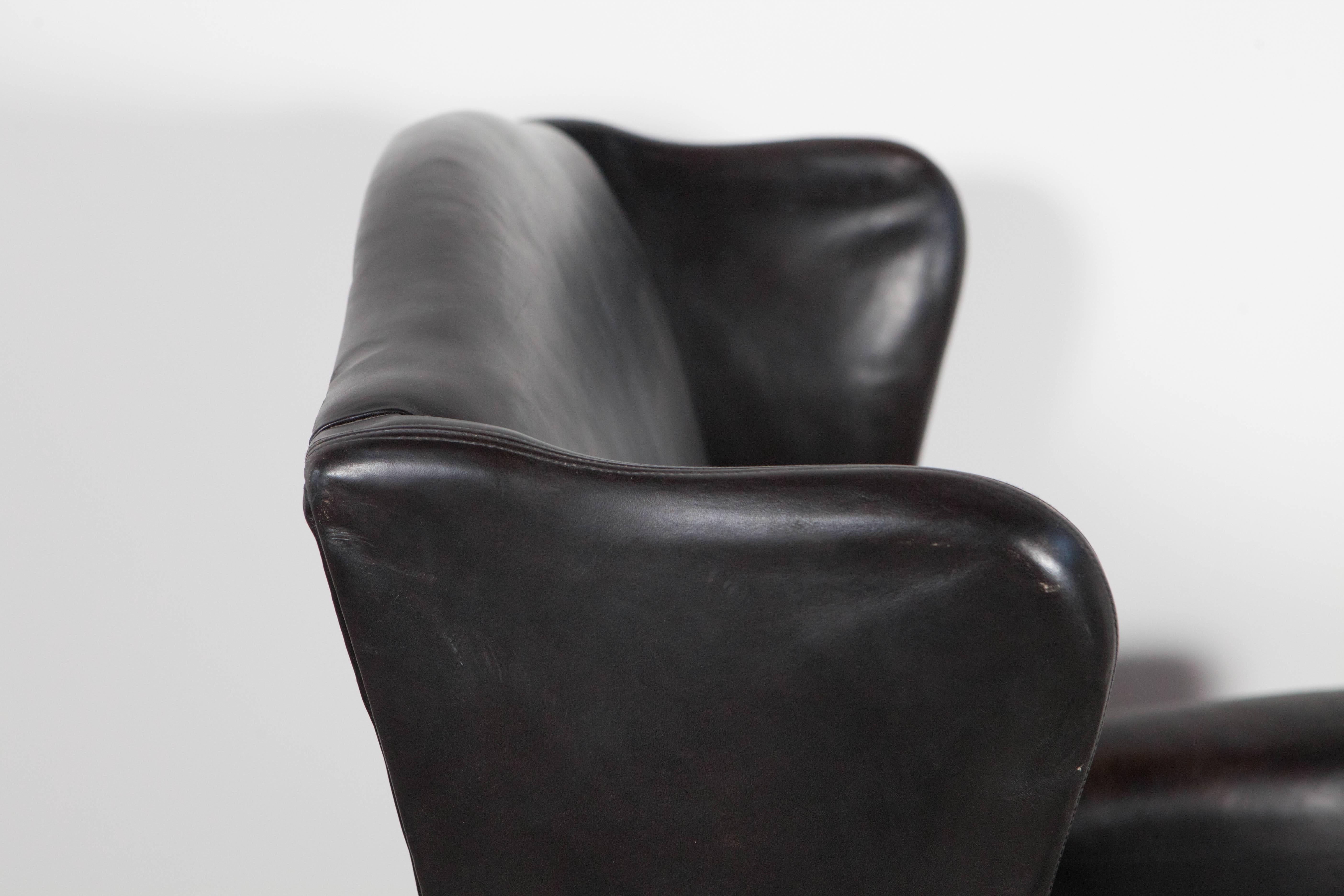 Mid-20th Century Black Leather Curved Arm Wing Back Club Chair
