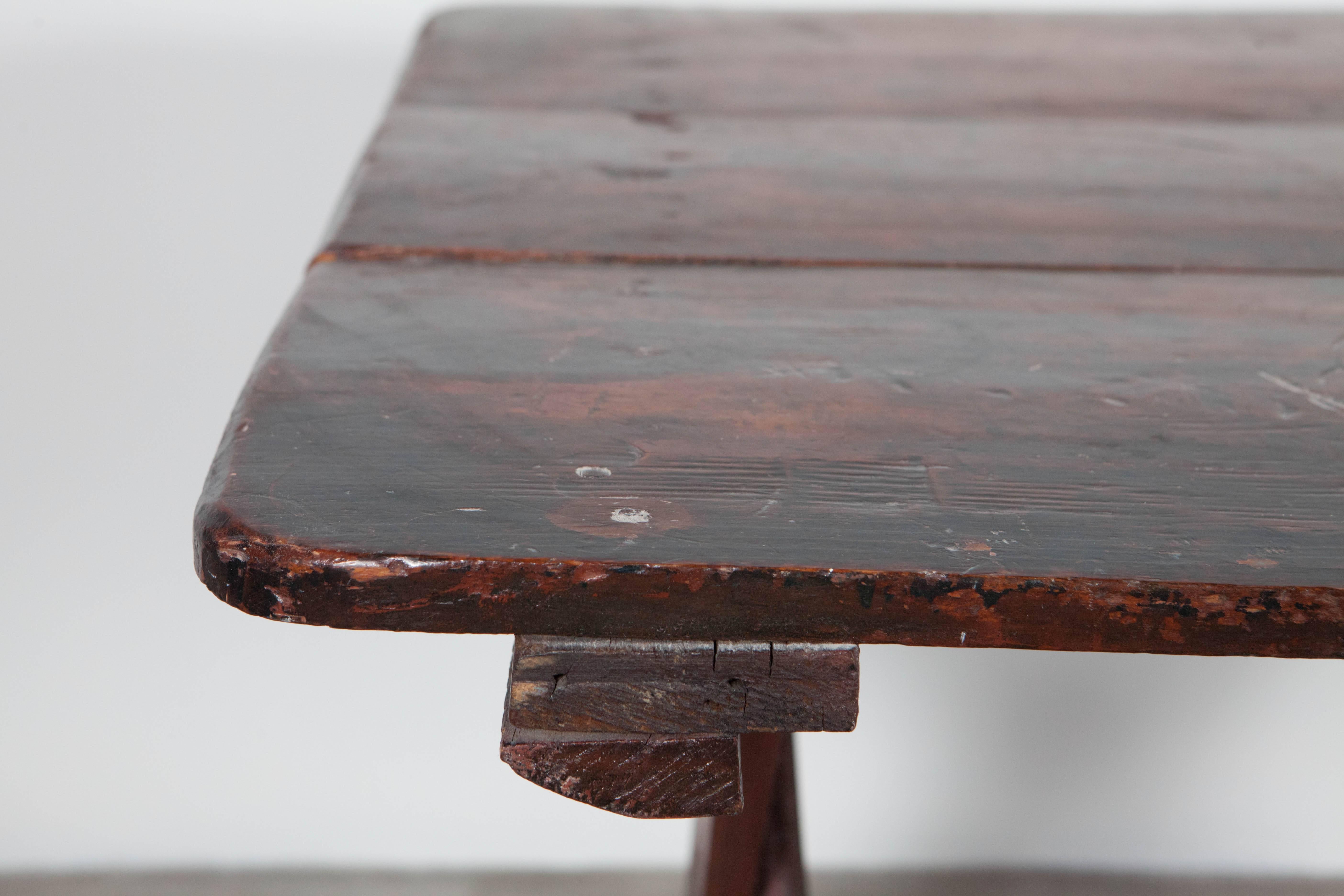 Rustic Sawbuck Table with Scrubbed Top In Distressed Condition In Los Angeles, CA