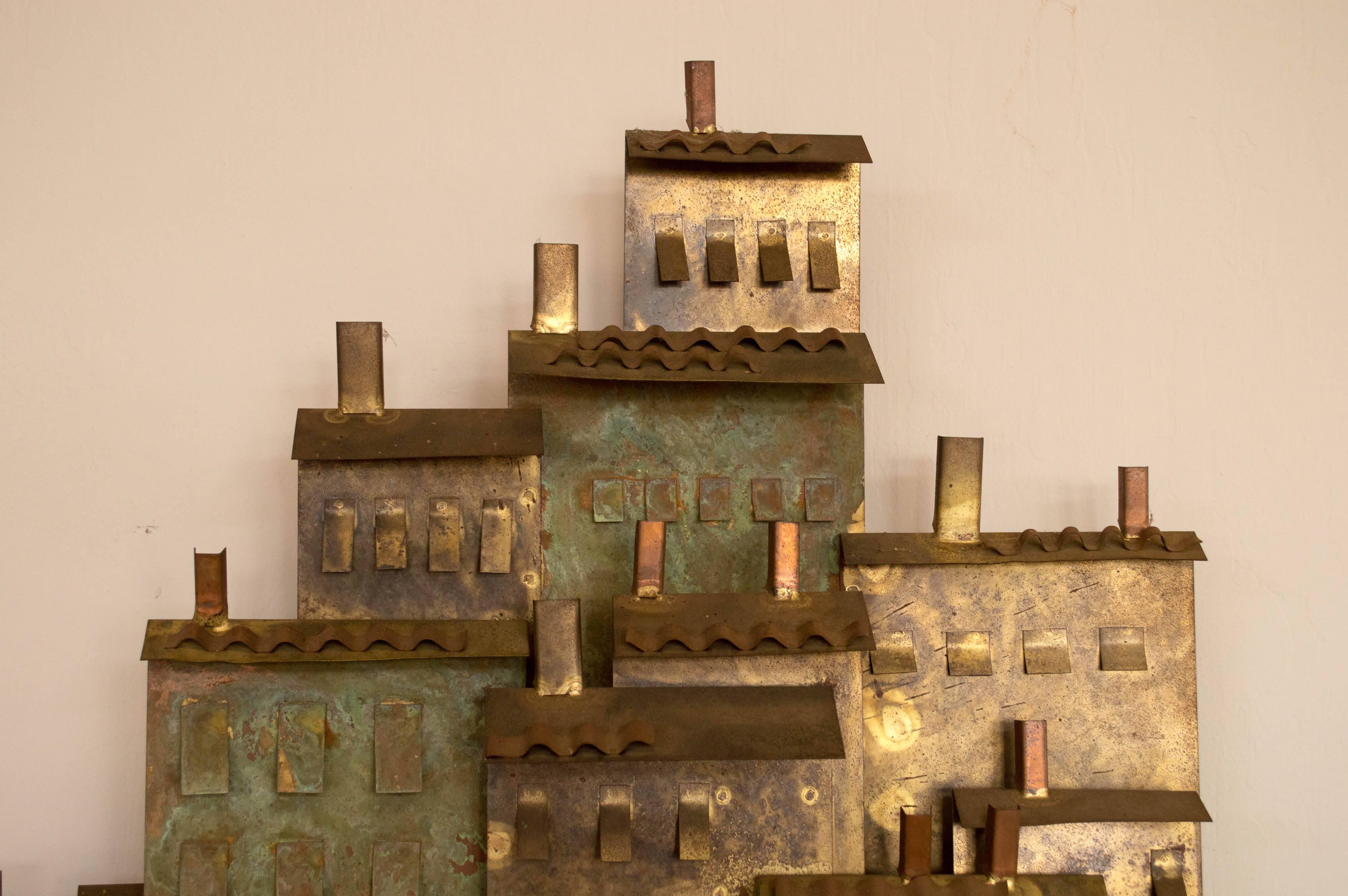 Mid-Century Modern Curtis Jere Wall Sculpture, 'A Village On A Harbor With Small Boats' 