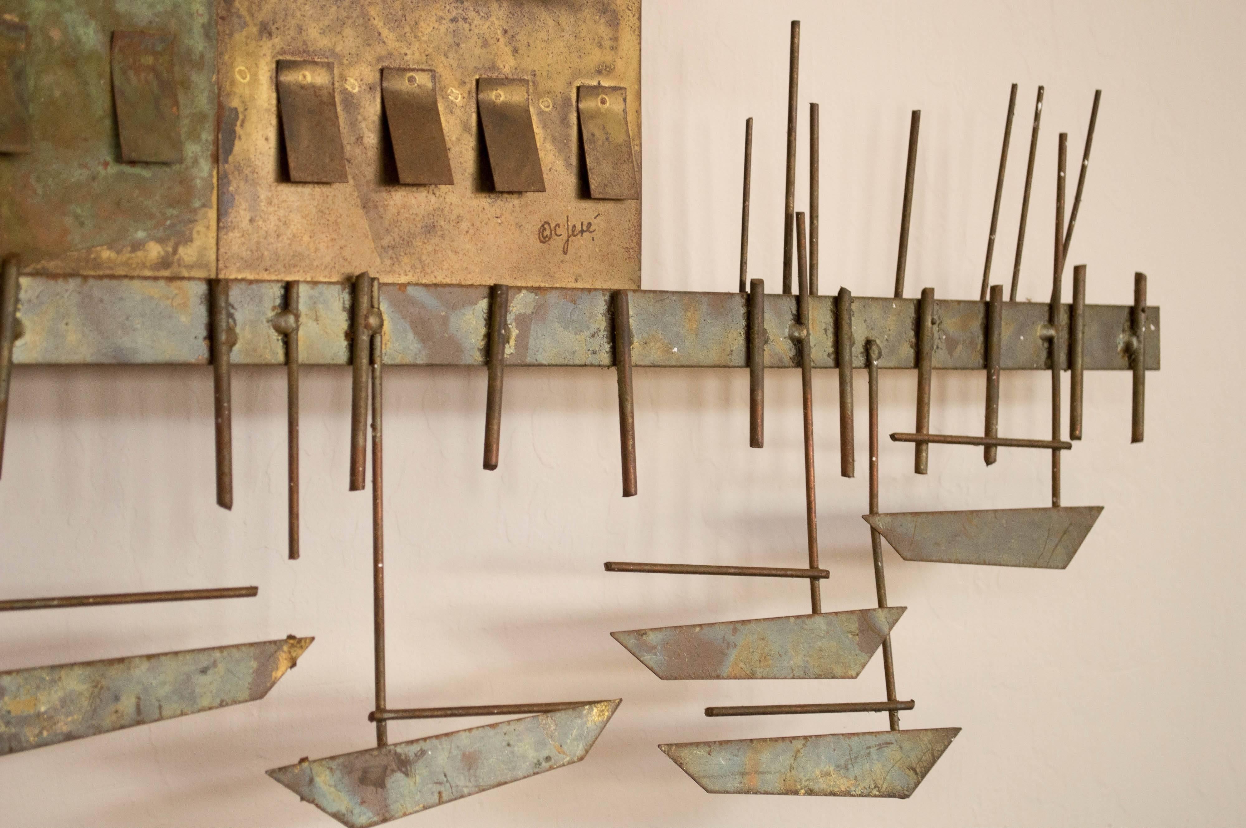 Curtis Jere Wall Sculpture, 'A Village On A Harbor With Small Boats'  In Good Condition In San Francisco, CA