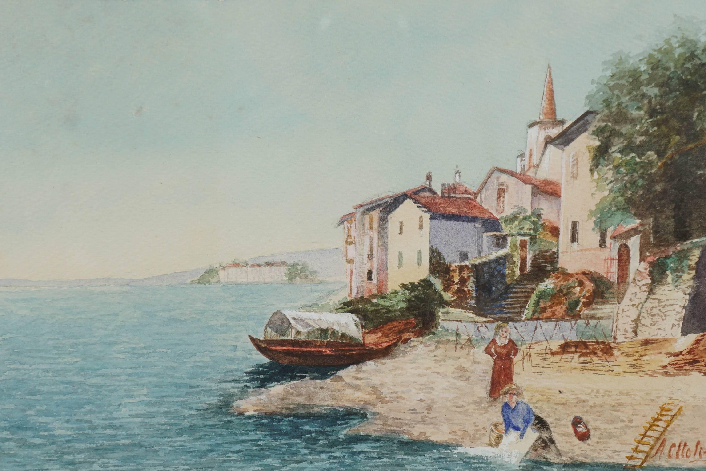 A 'grand tour' watercolor painting on woven paper of an Italian coastal scene with village, boat, and washer-women on shore housed in a giltwood frame with lamb's tongue fillet and compound French mat. Signed lower left corner. Work: 11.5