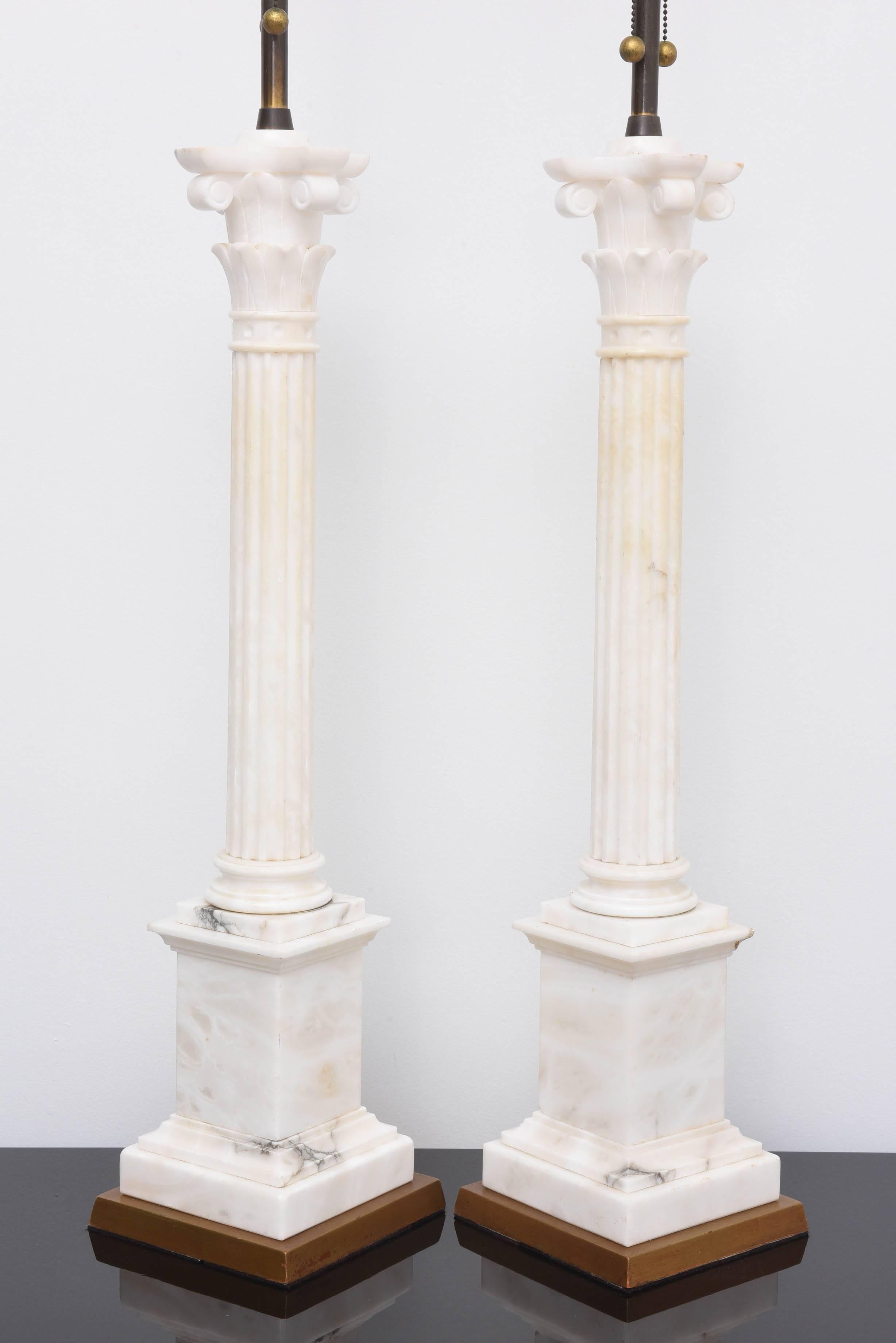 Italian Monumental White Marble Neoclassical Column Lamps