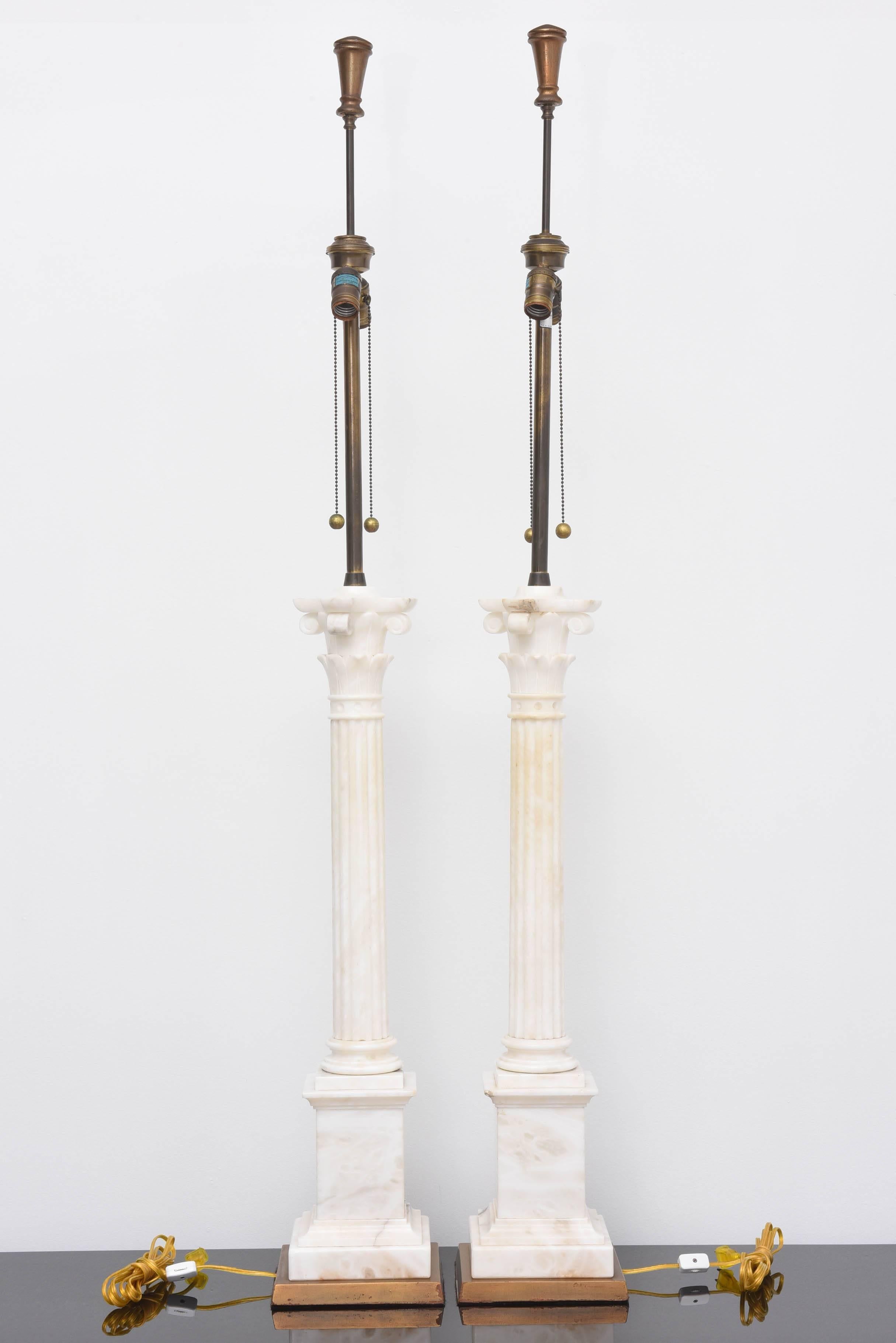 20th Century Monumental White Marble Neoclassical Column Lamps