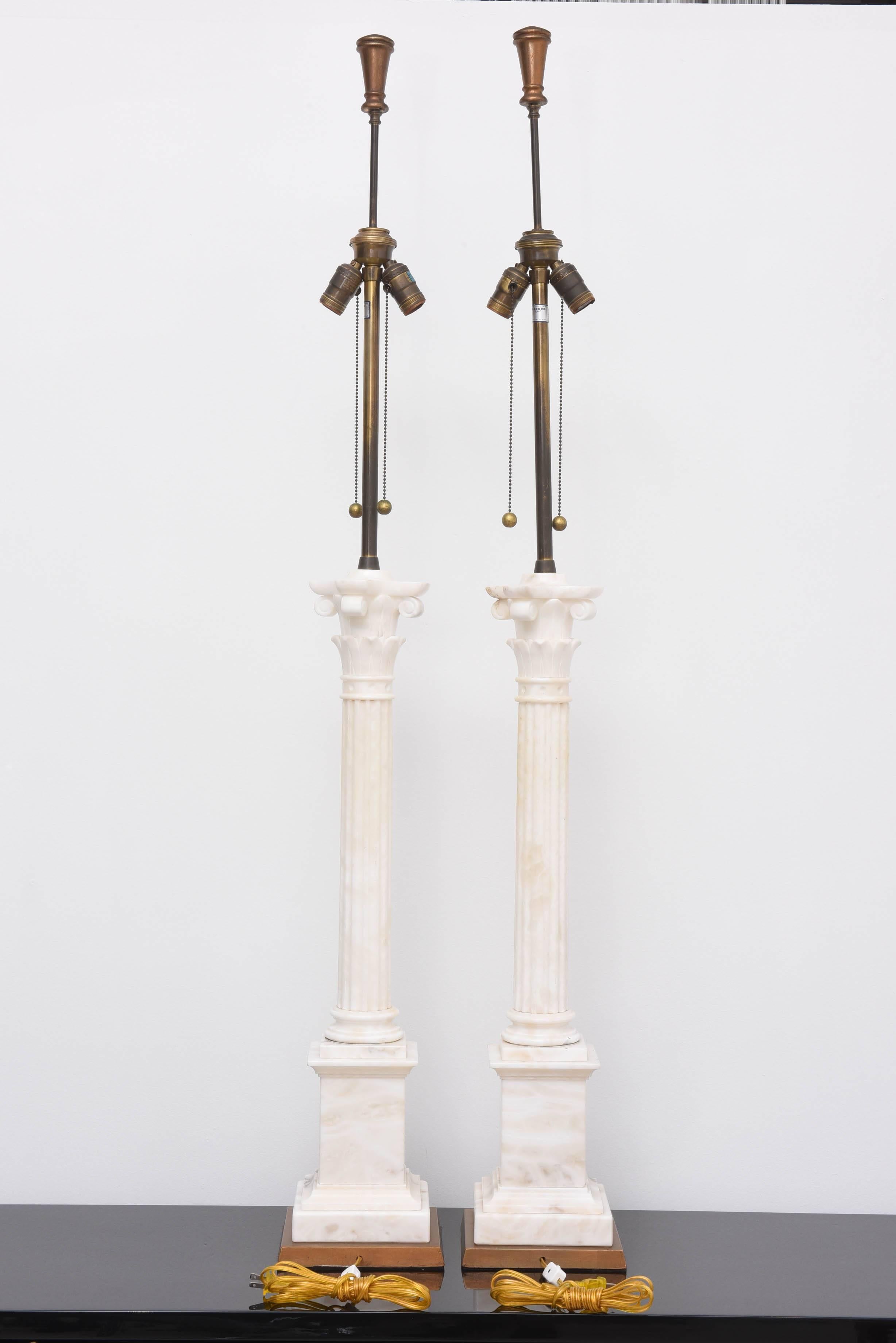 Monumental White Marble Neoclassical Column Lamps 2