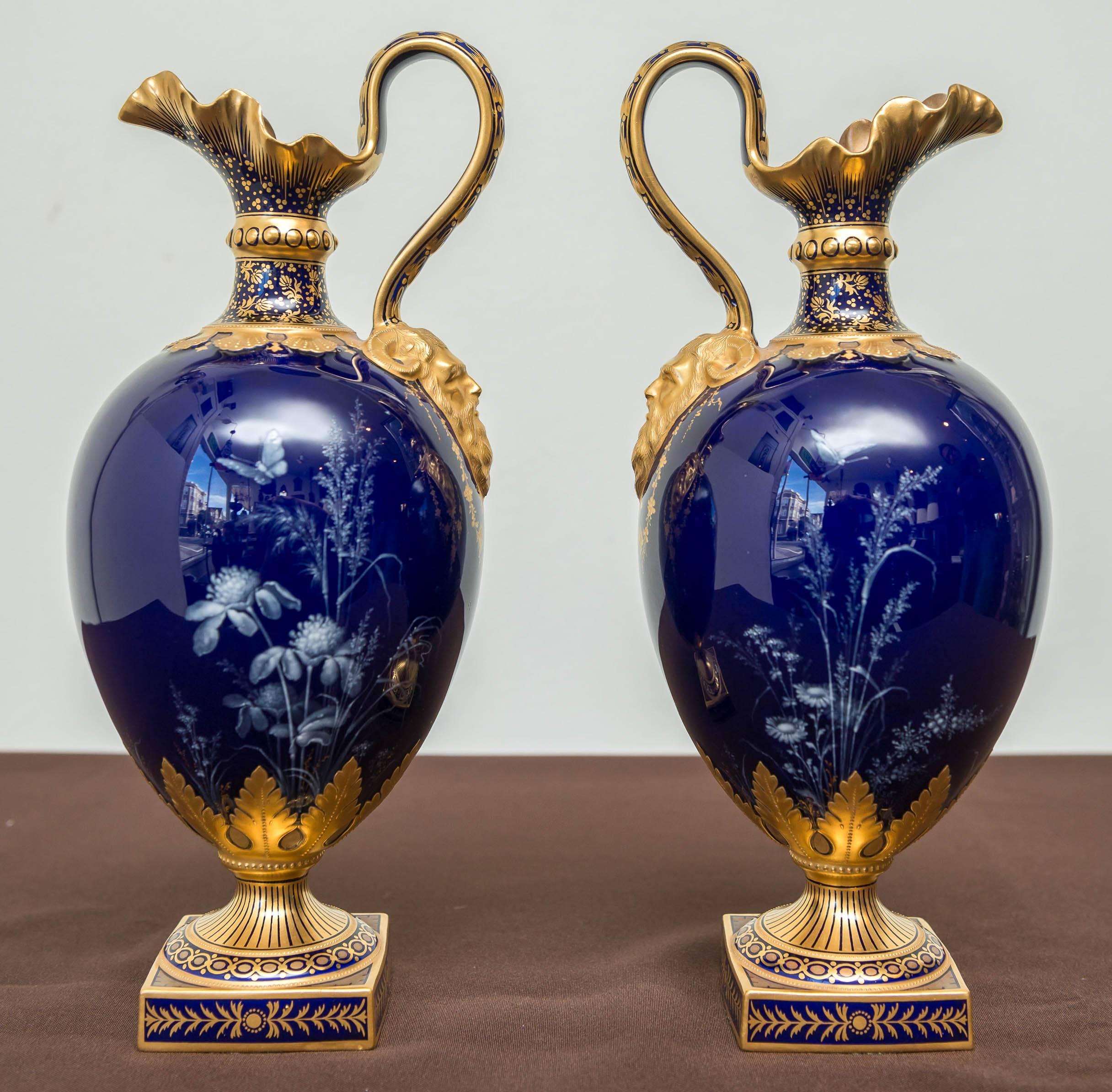 Late 19th Century Pair of Royal Crown Derby Porcelain Cobalt-Blue Ground Ewers, circa 1893