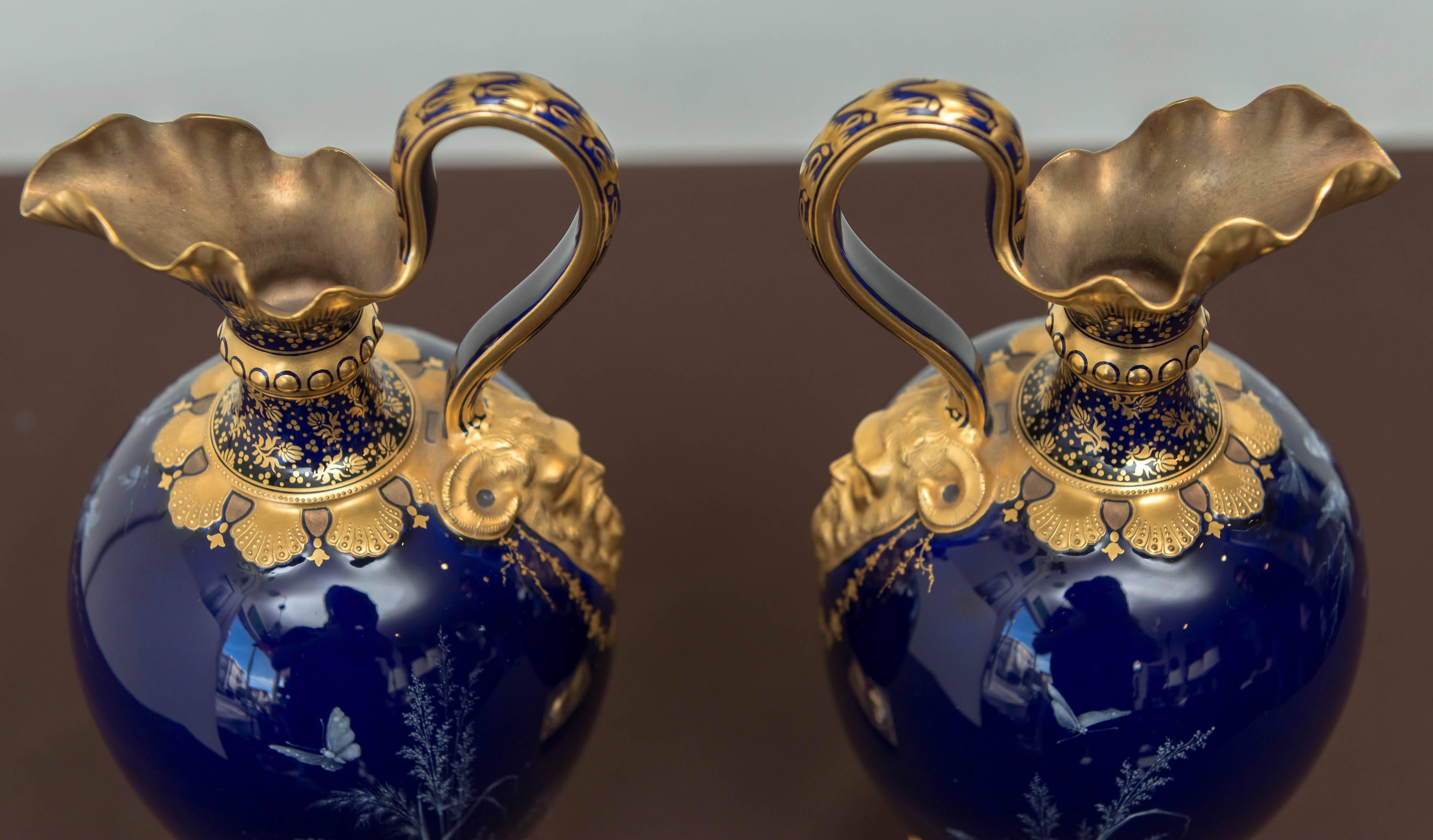 Gold Leaf Pair of Royal Crown Derby Porcelain Cobalt-Blue Ground Ewers, circa 1893