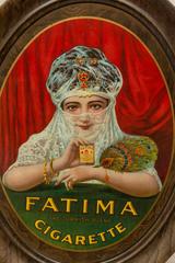 Self-Framed Tin Advertising Sign, Beautiful Girl, Fatima Cigarettes, ca.1910