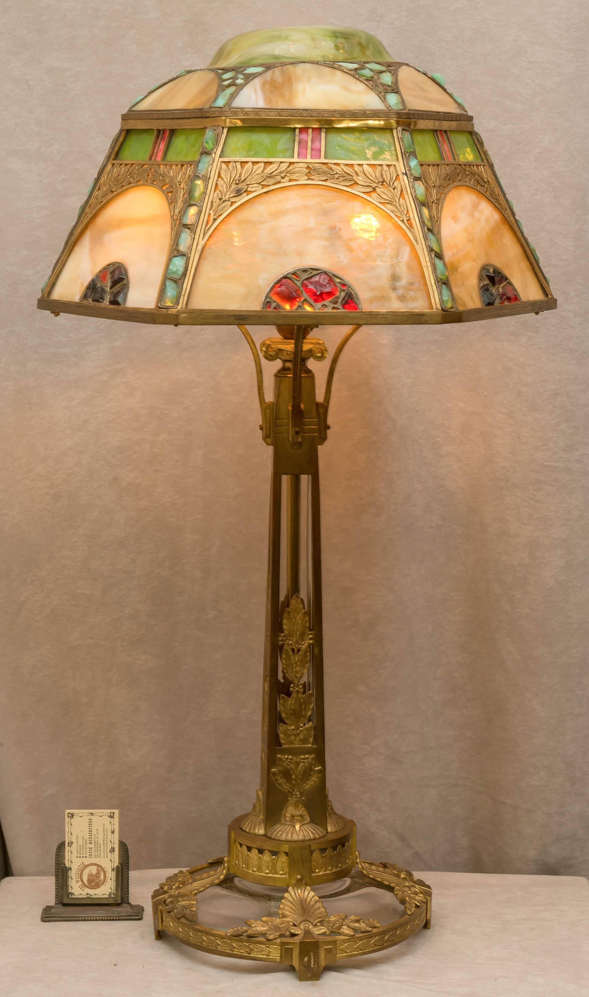 Art Nouveau Monumental Austrian Gilt Bronze and Jeweled Table Lamp