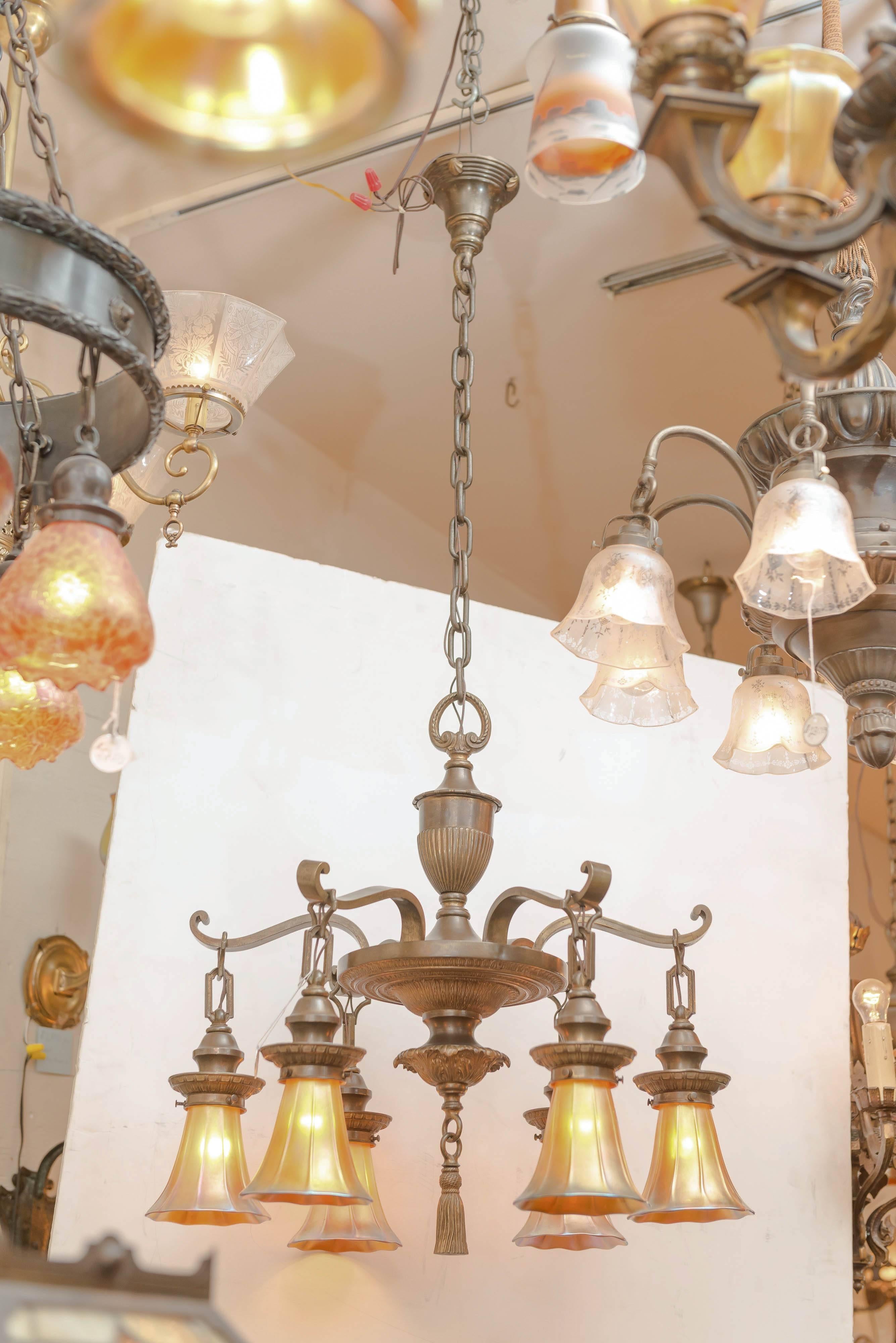Six-Arm Bronze Edwardian Chandelier with Art Glass Shades In Excellent Condition In Petaluma, CA