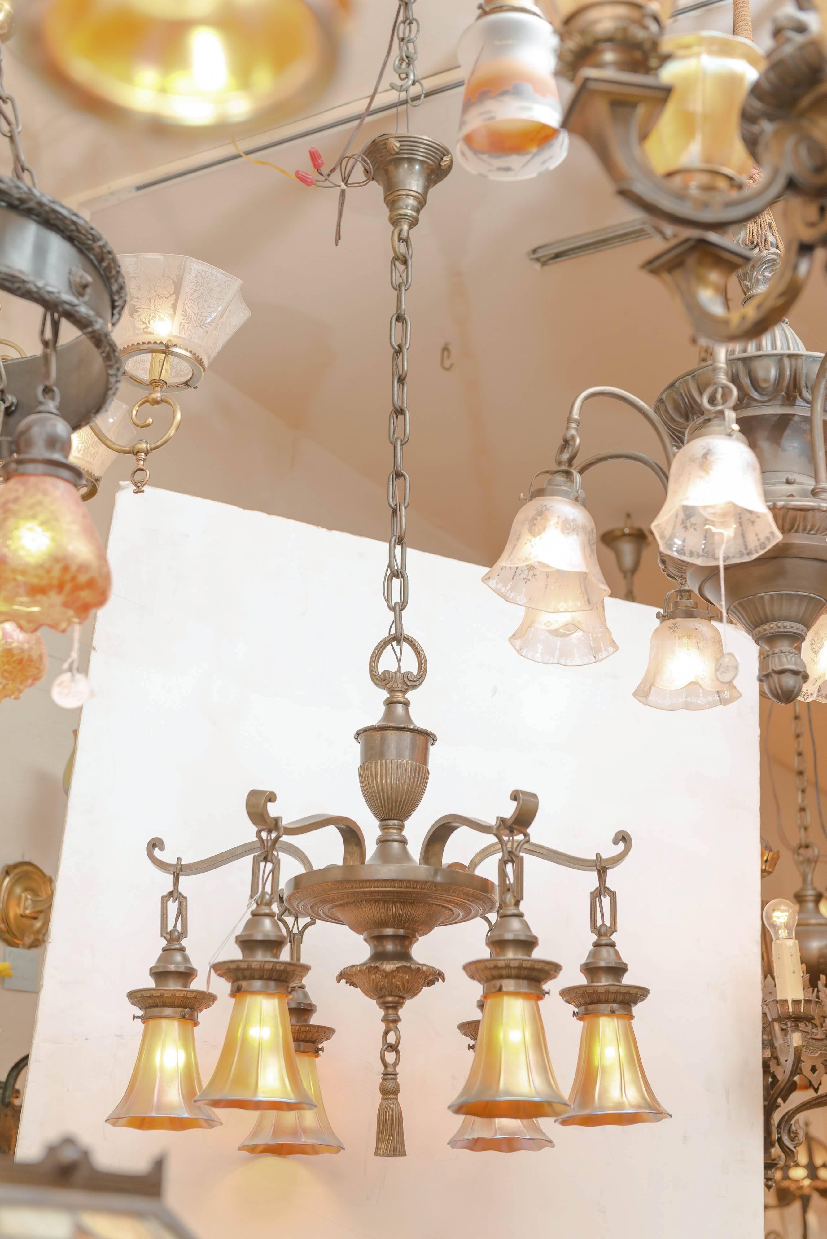 Early 20th Century Six-Arm Bronze Edwardian Chandelier with Art Glass Shades