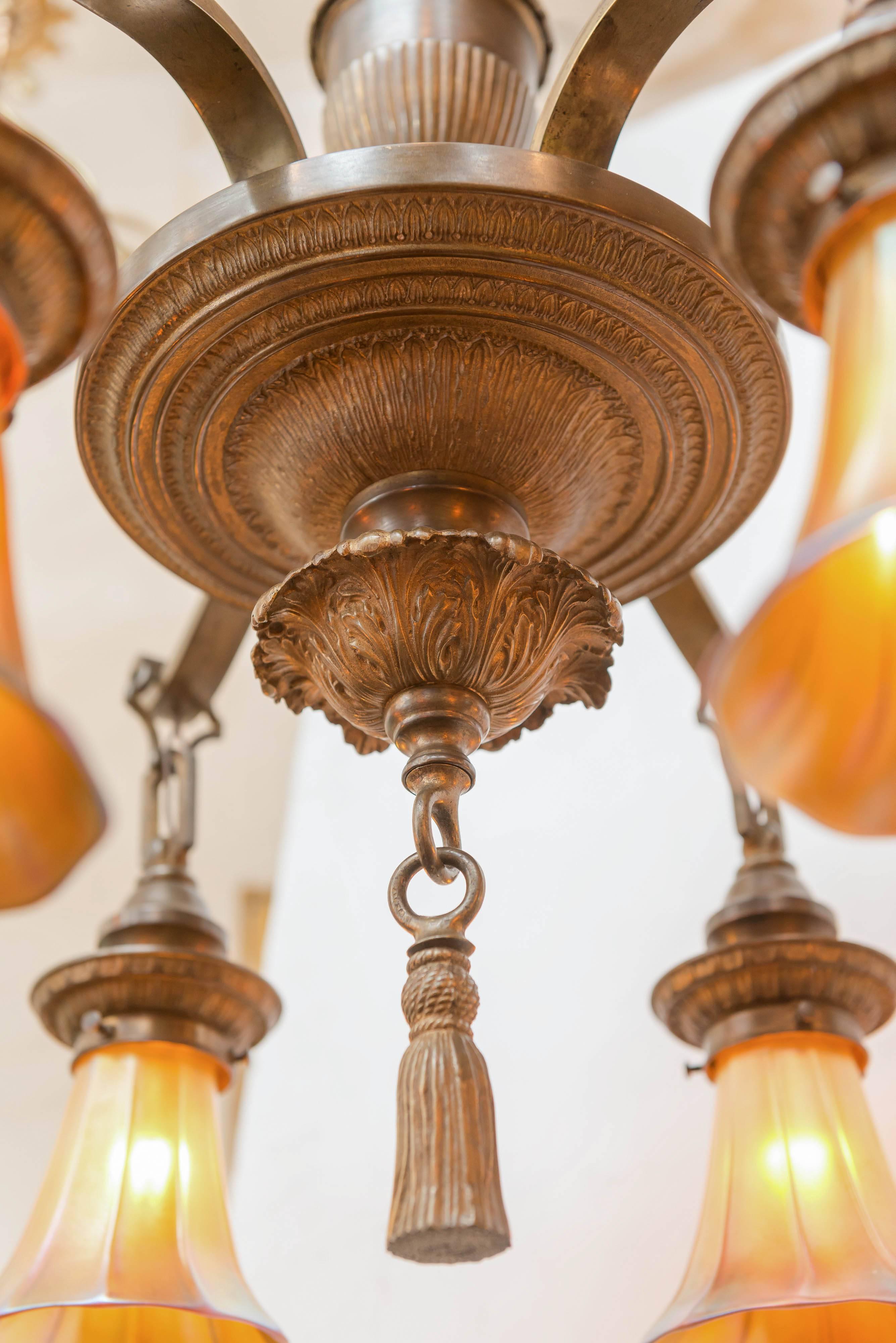 Six-Arm Bronze Edwardian Chandelier with Art Glass Shades 2