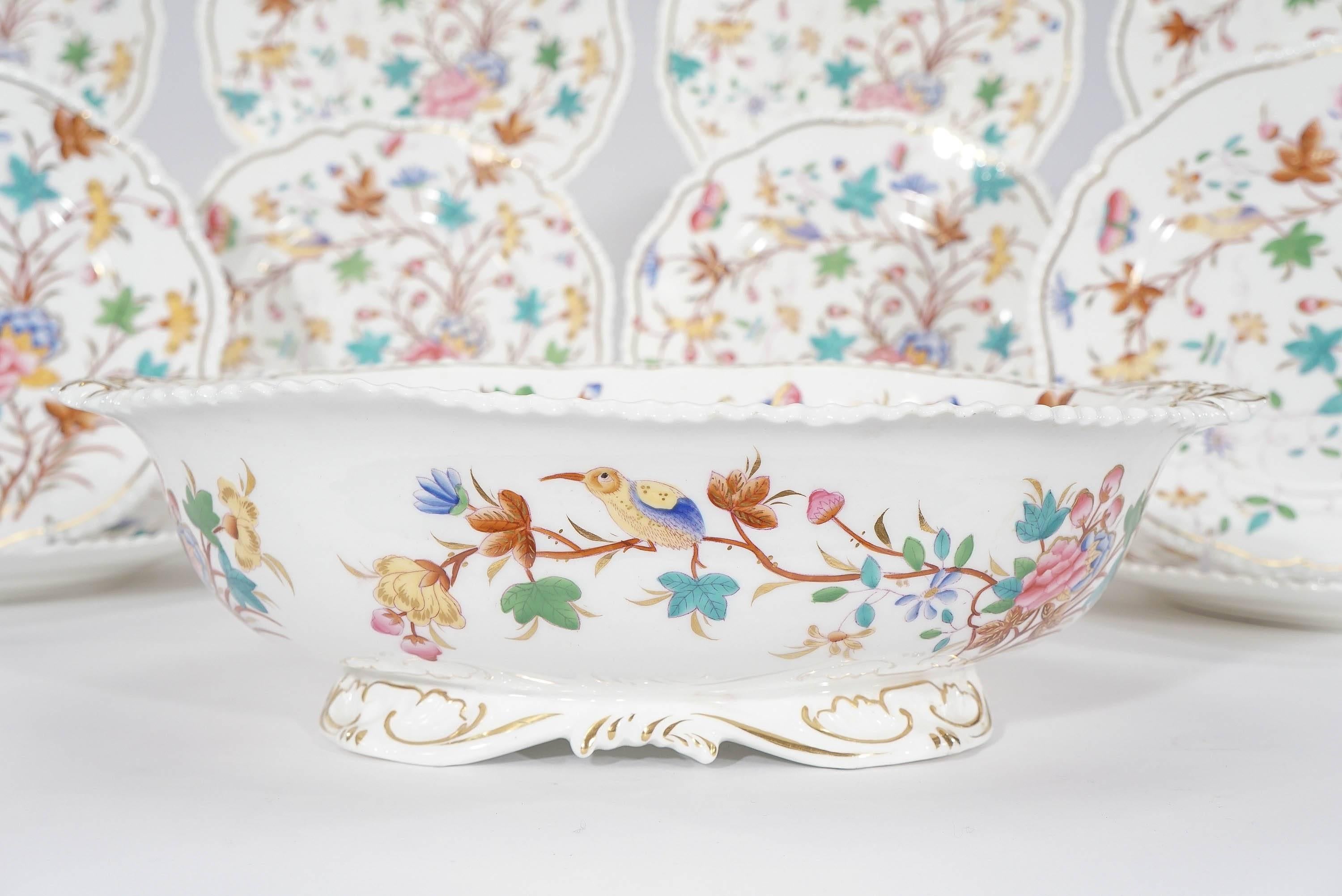 19th Century Dessert Service for 12 with Polychrome Enamel Exotic Birds For Sale 3