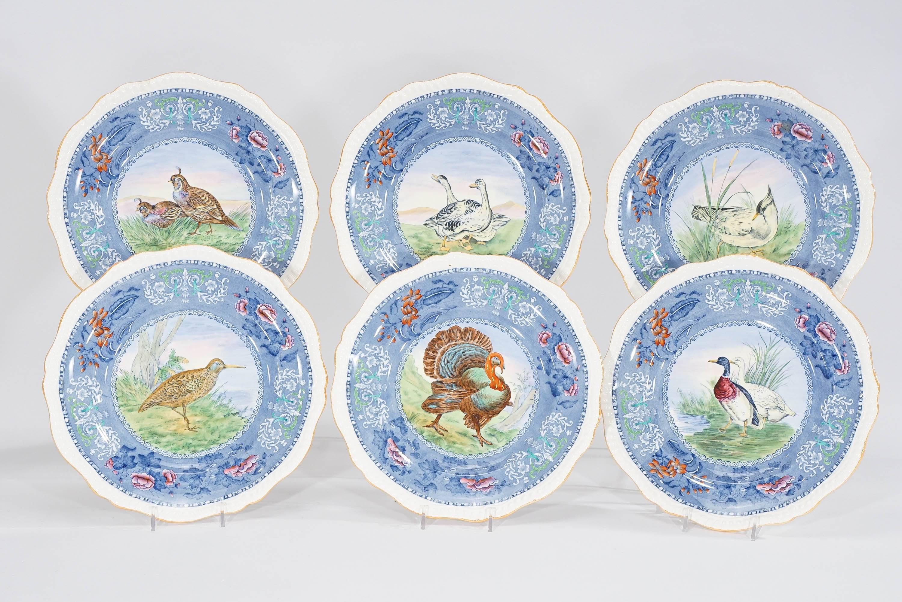 This set of 12 Copeland Spode dinner plates features a different game bird poised in their natural settings on each plate. The unusual French Blue borders are framed with a white gadroon shaped rim for an unusual effect. The transfer decoration is