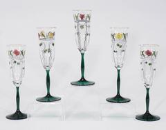 Ten Crystal Arts & Crafts Champagne Flutes with Transparent Enamel Decoration