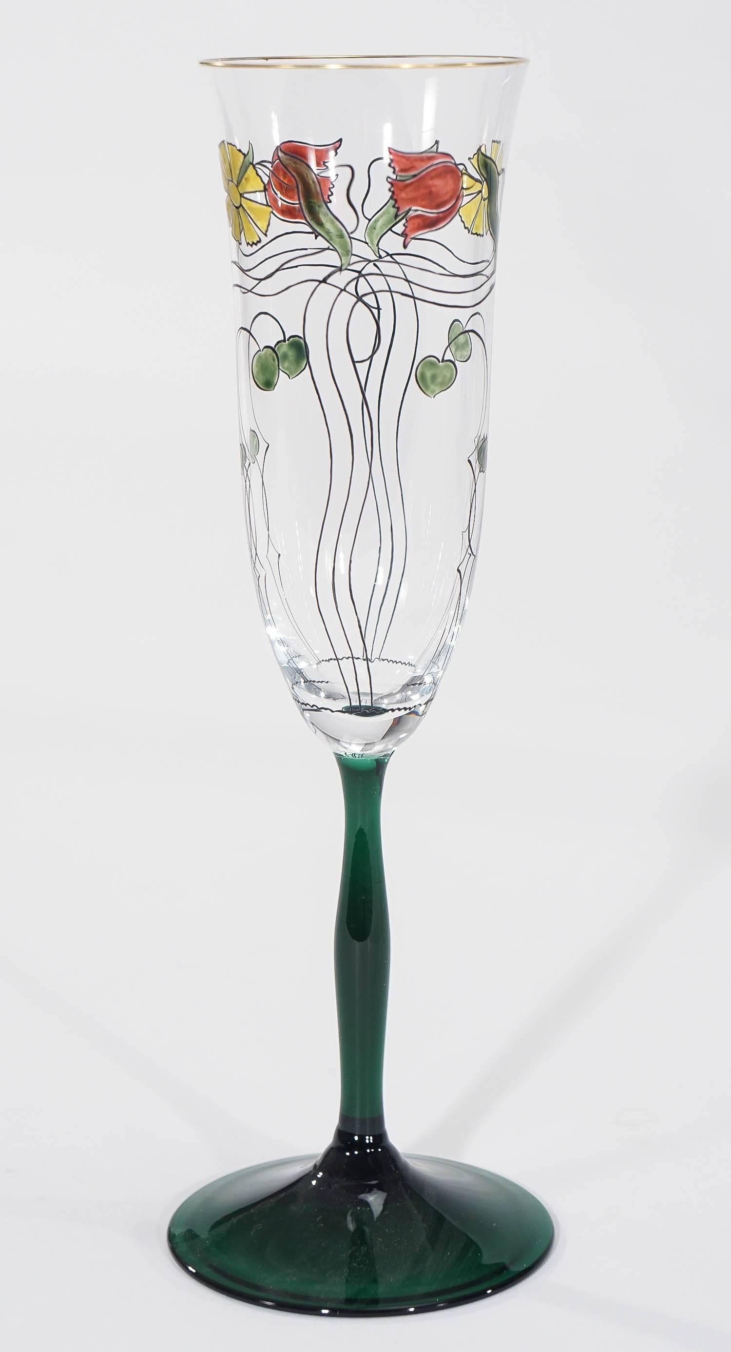 Arts and Crafts  Ten Crystal Arts & Crafts Champagne Flutes with Transparent Enamel Decoration