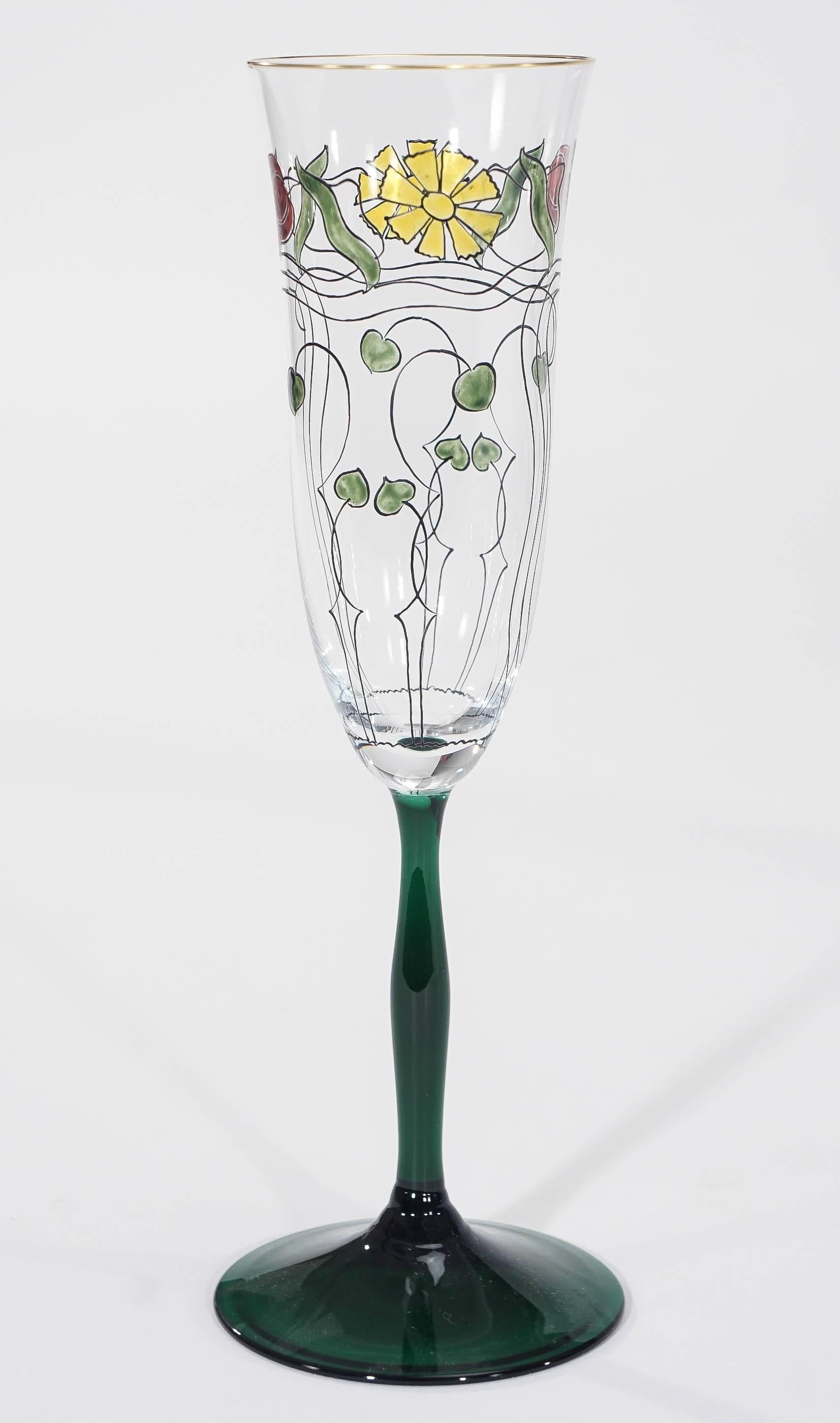 Austrian  Ten Crystal Arts & Crafts Champagne Flutes with Transparent Enamel Decoration
