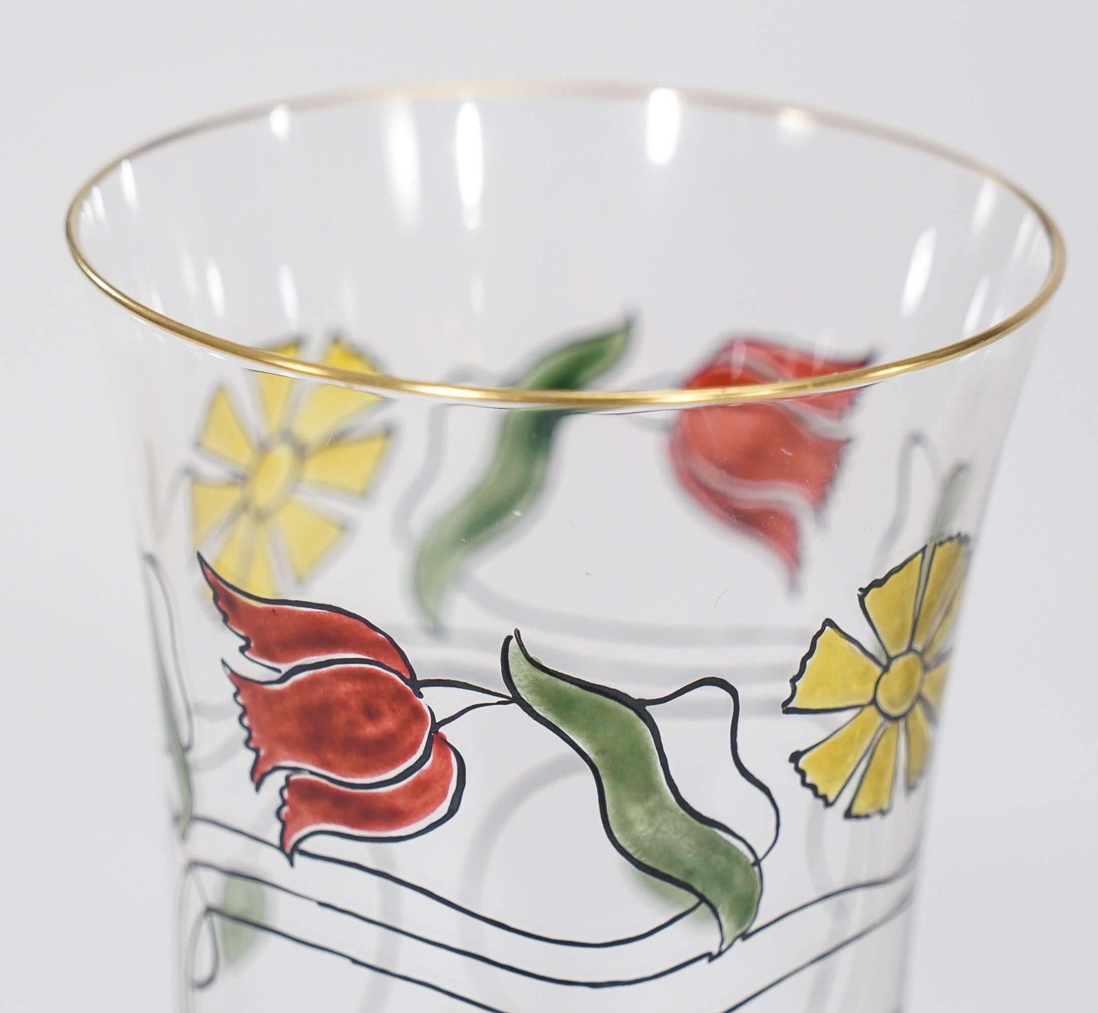 Hand-Painted  Ten Crystal Arts & Crafts Champagne Flutes with Transparent Enamel Decoration