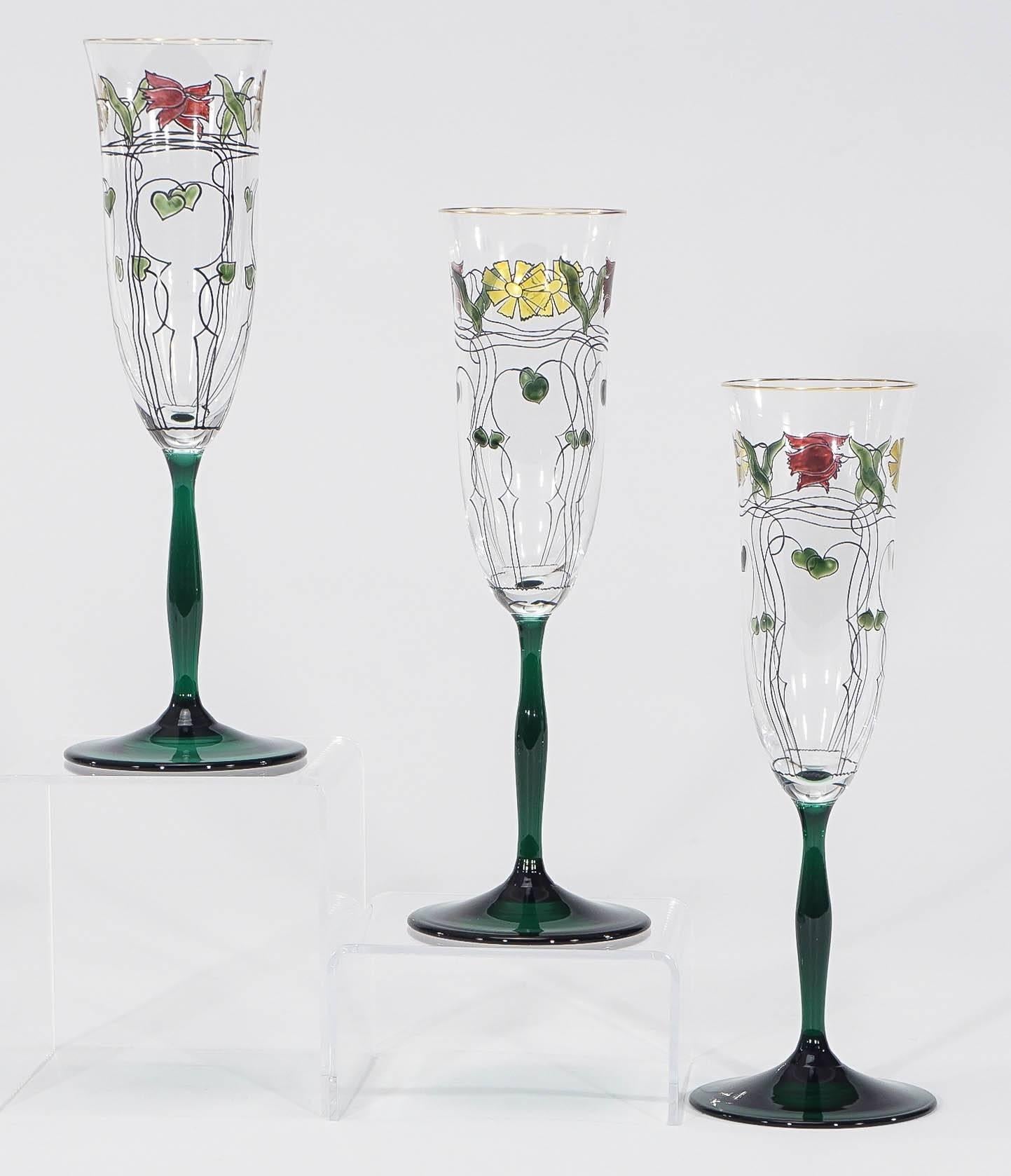  Ten Crystal Arts & Crafts Champagne Flutes with Transparent Enamel Decoration 3