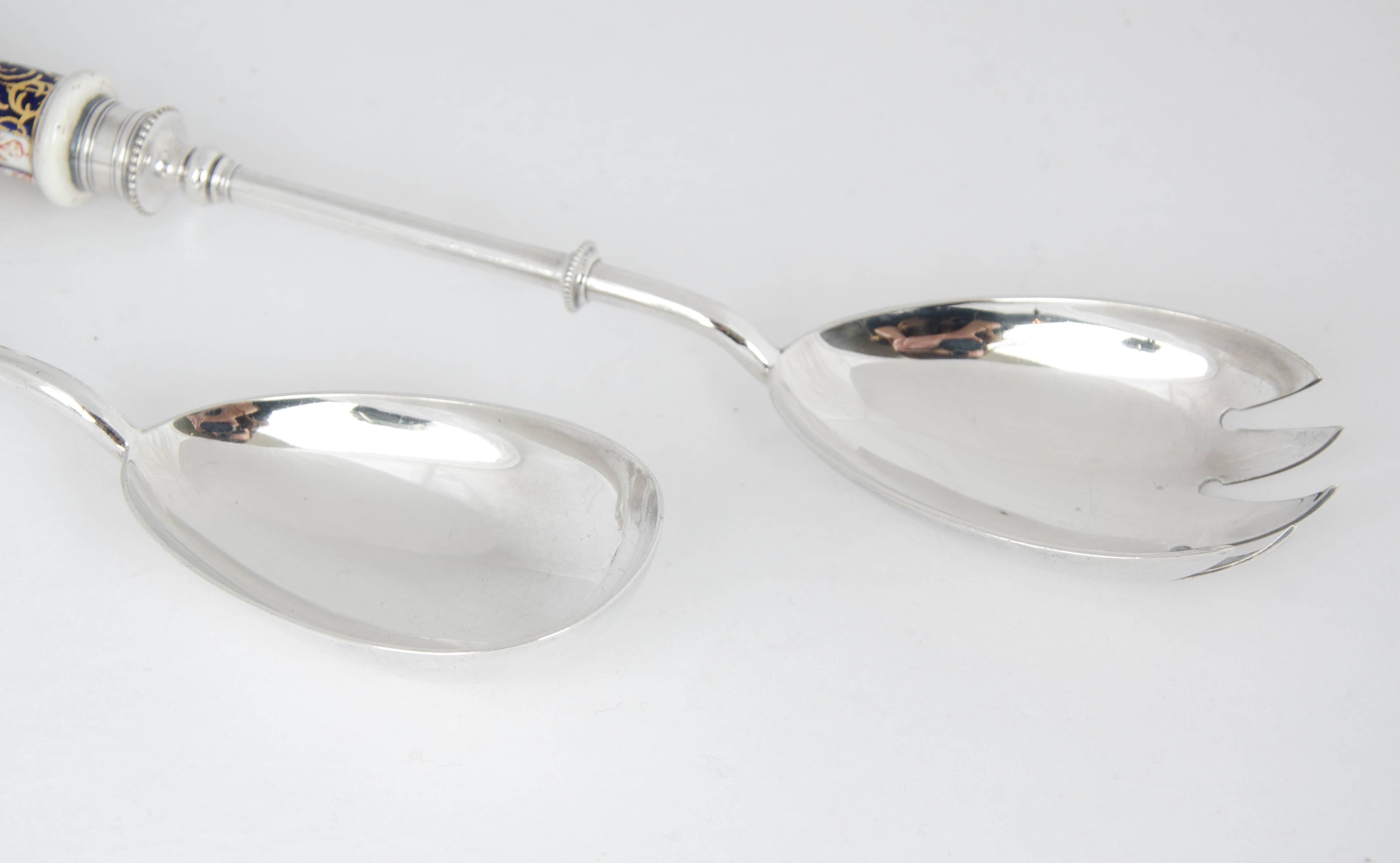 Pair of Silver Plate Salad Servers with Ceramic Handles, circa 1900 at