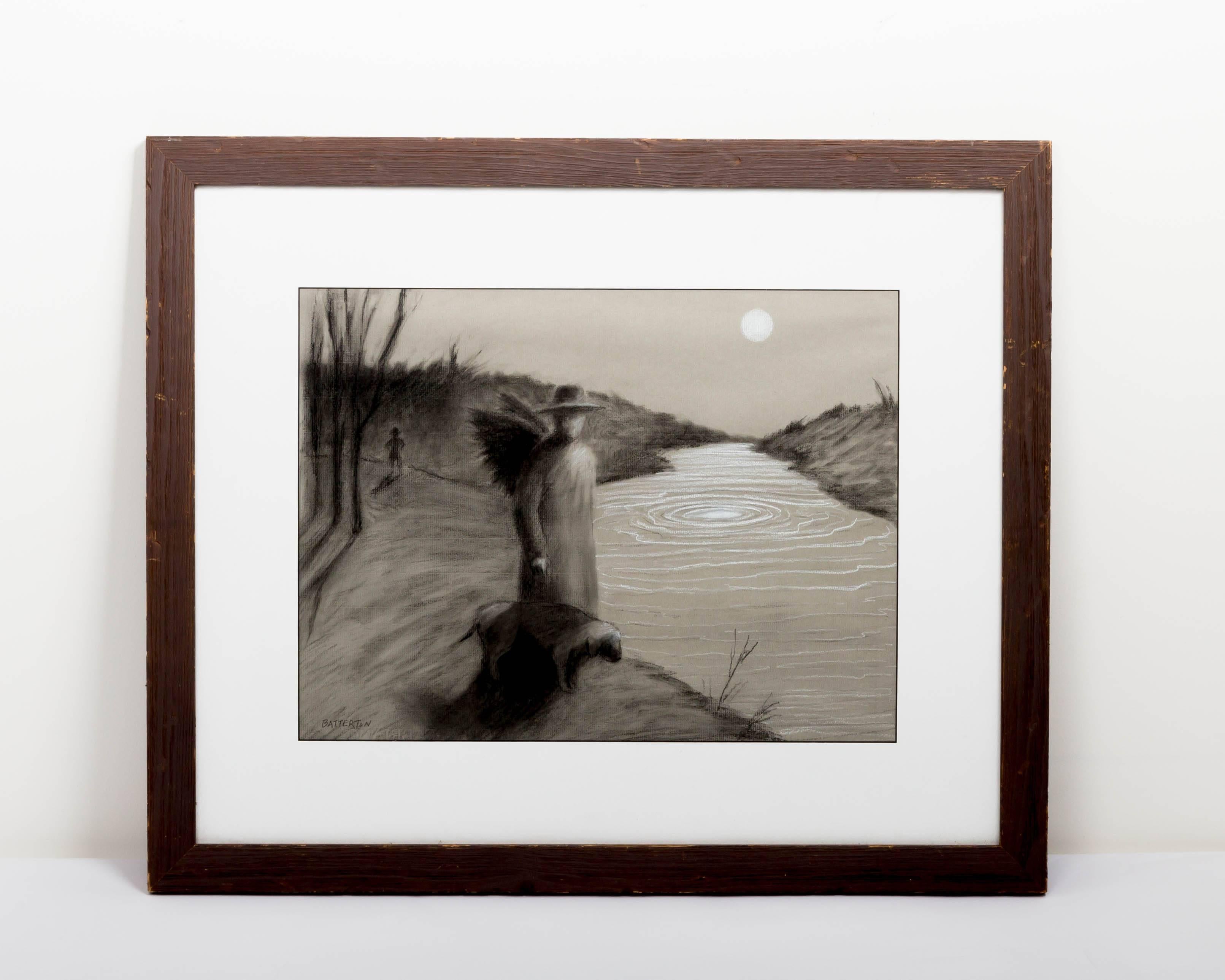 Charcoal on paper drawing, beautifully matted and glass framed in rustic reclaimed wood, by Robert Batterton, signed and dated 1997. Part of his 