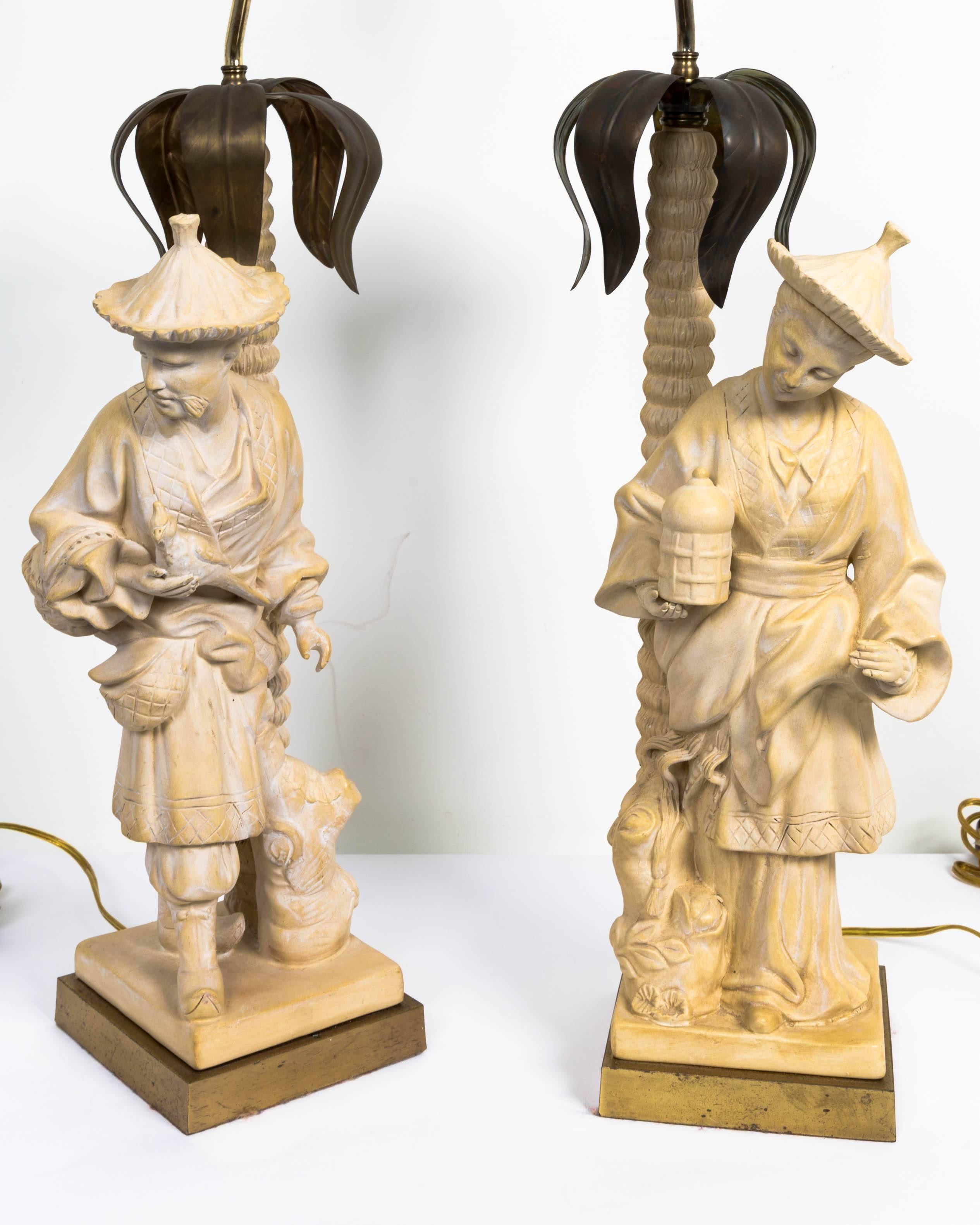 Hollywood Regency Pair of Vintage Asian Man and Woman Table Lamps