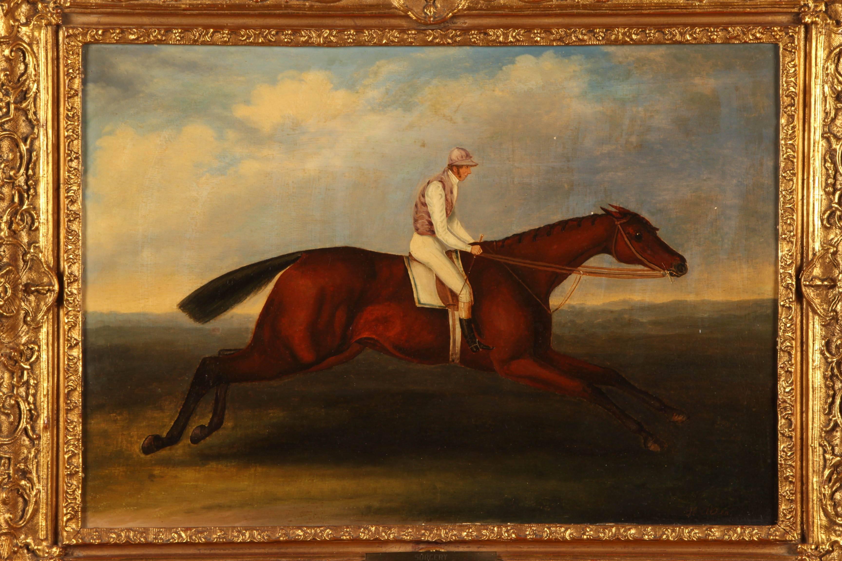 Henry Alken was a prolific artist and is desirable among collectors of equine art. Image of the horse Sorcery, who won an important race in 1811; a jockey riding a running horse in a pasture; with a blue and cloudy sky, within a carved gilt frame.