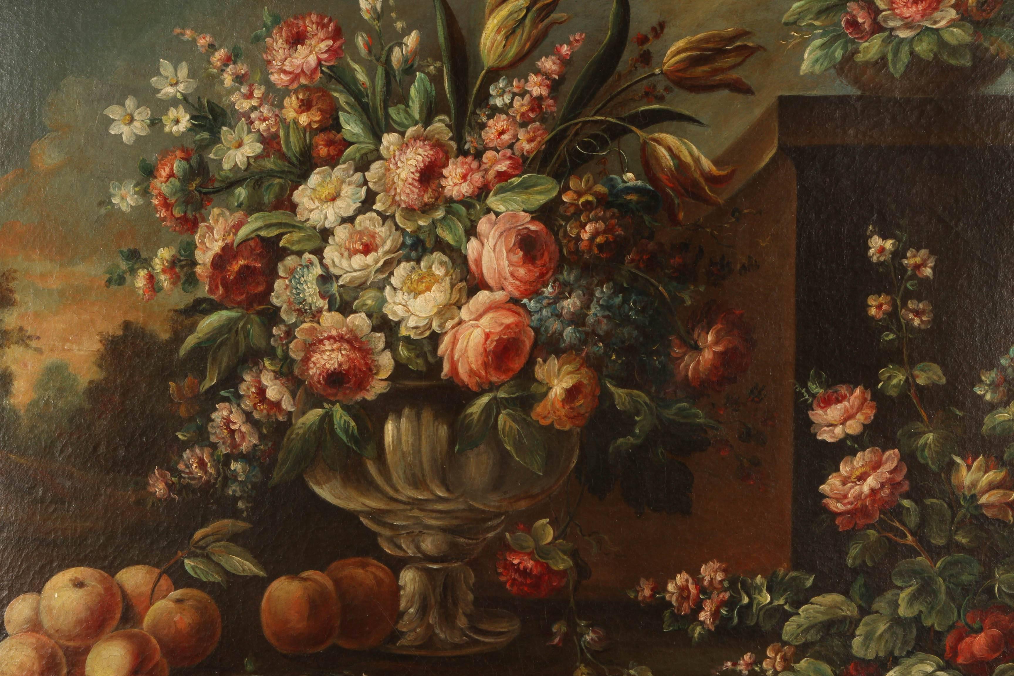 Romantique Paire de natures mortes d'école italienne du 19ème siècle - Grande peinture à l'huile sur toile avec en vente